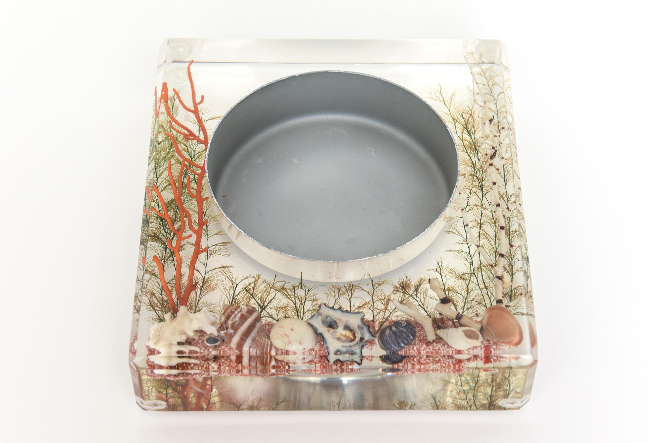 Lucite Embedded Resin Coral, Shell, Sand, Plant, Aluminum Bowl Vintage For Sale 3