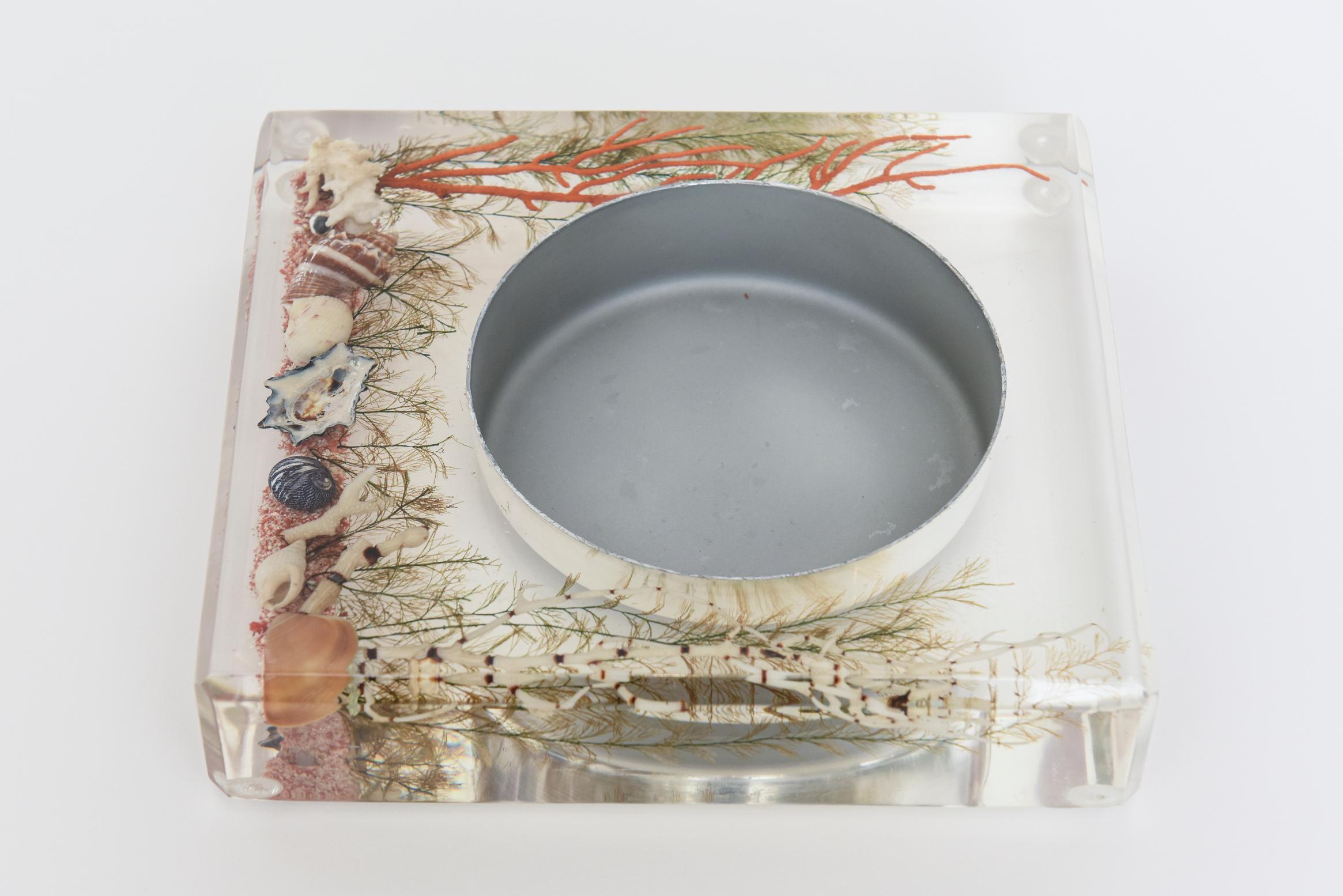 American Lucite Embedded Resin Coral, Shell, Sand, Plant, Aluminum Bowl Vintage For Sale
