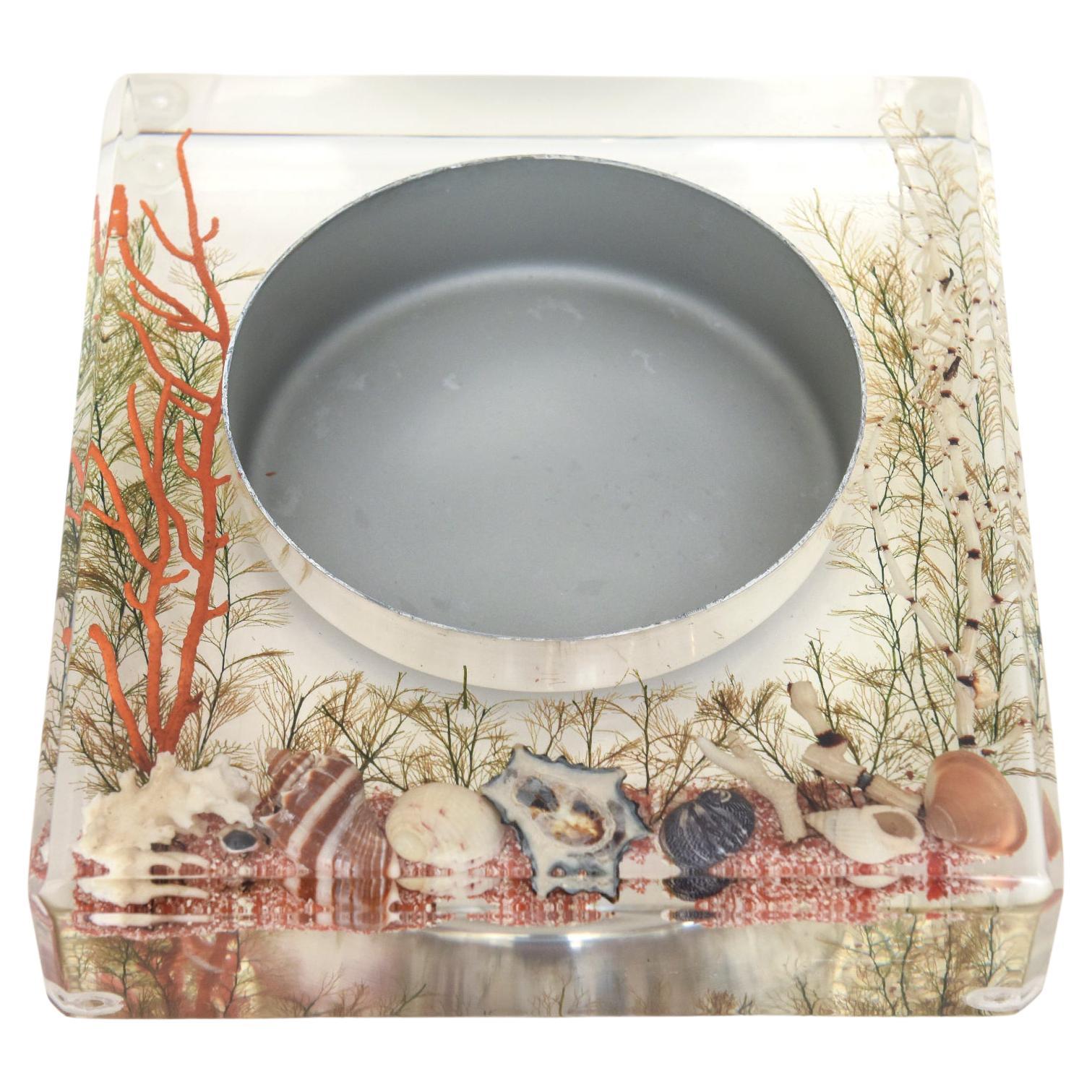 Lucite Embedded Resin Coral, Shell, Sand, Plant, Aluminum Bowl Vintage For Sale