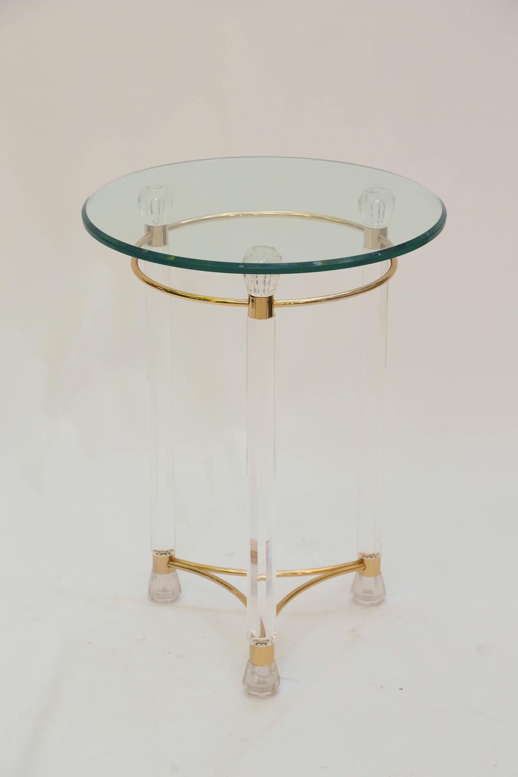 Brass Lucite End Table Round Glass Top
