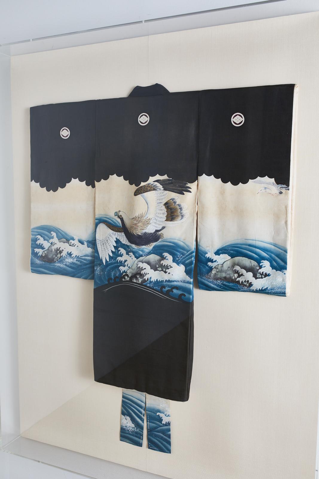 Lucite Framed Japanese Painted Kimono with Waves 3