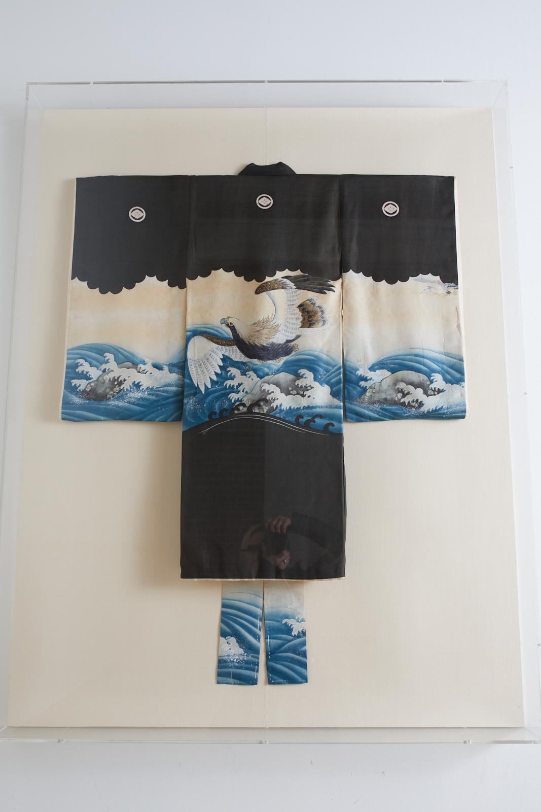 Lucite Framed Japanese Painted Kimono with Waves 10