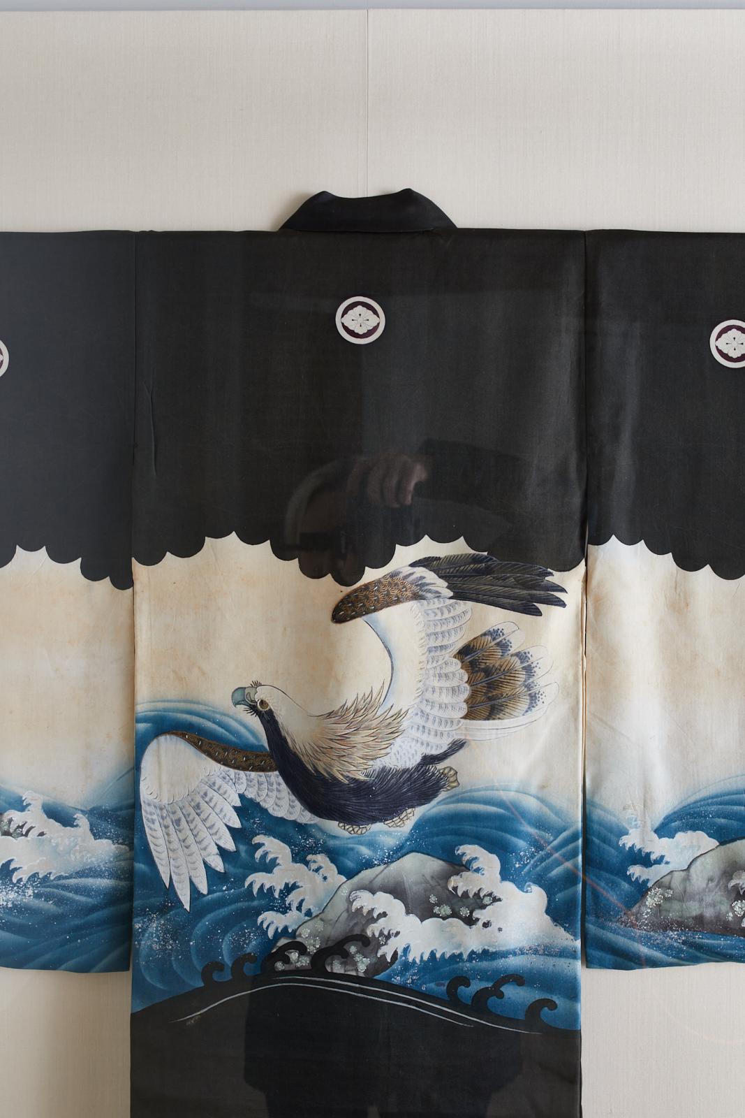 Lucite Framed Japanese Painted Kimono with Waves 2