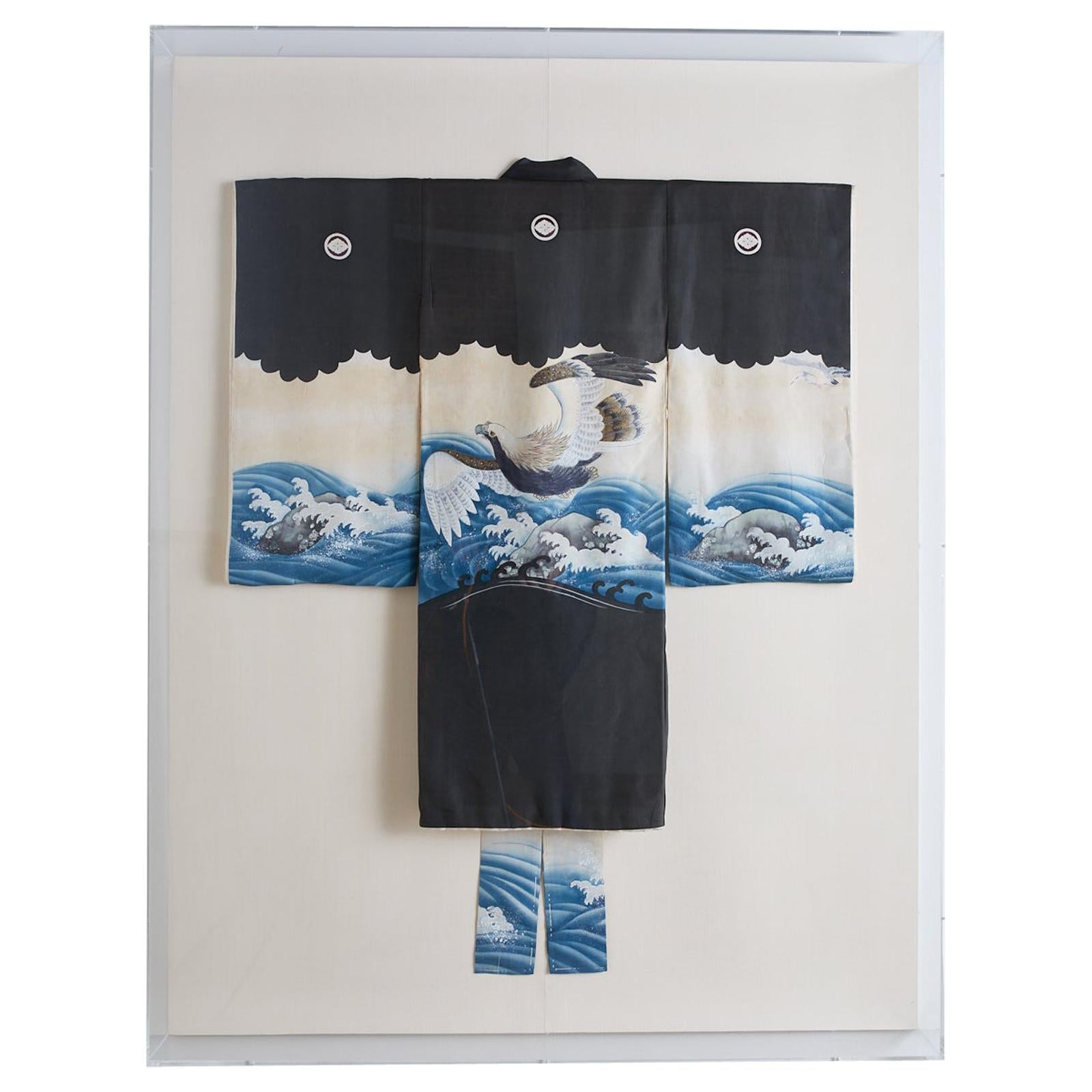 Lucite Framed Japanese Painted Kimono with Waves