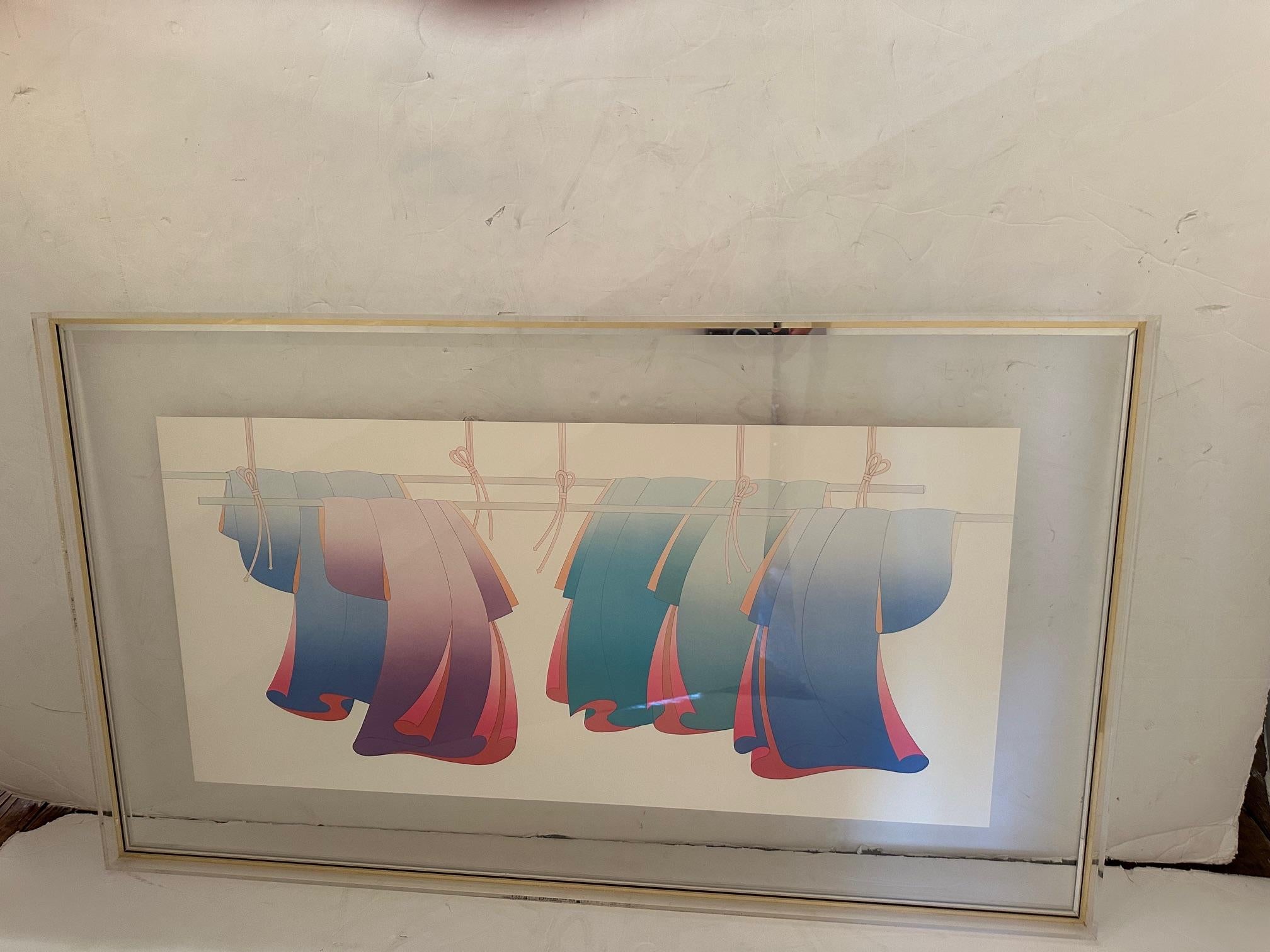 Lucite Framed Silkscreen of Hanging Kimonos Contemporary Art For Sale 1