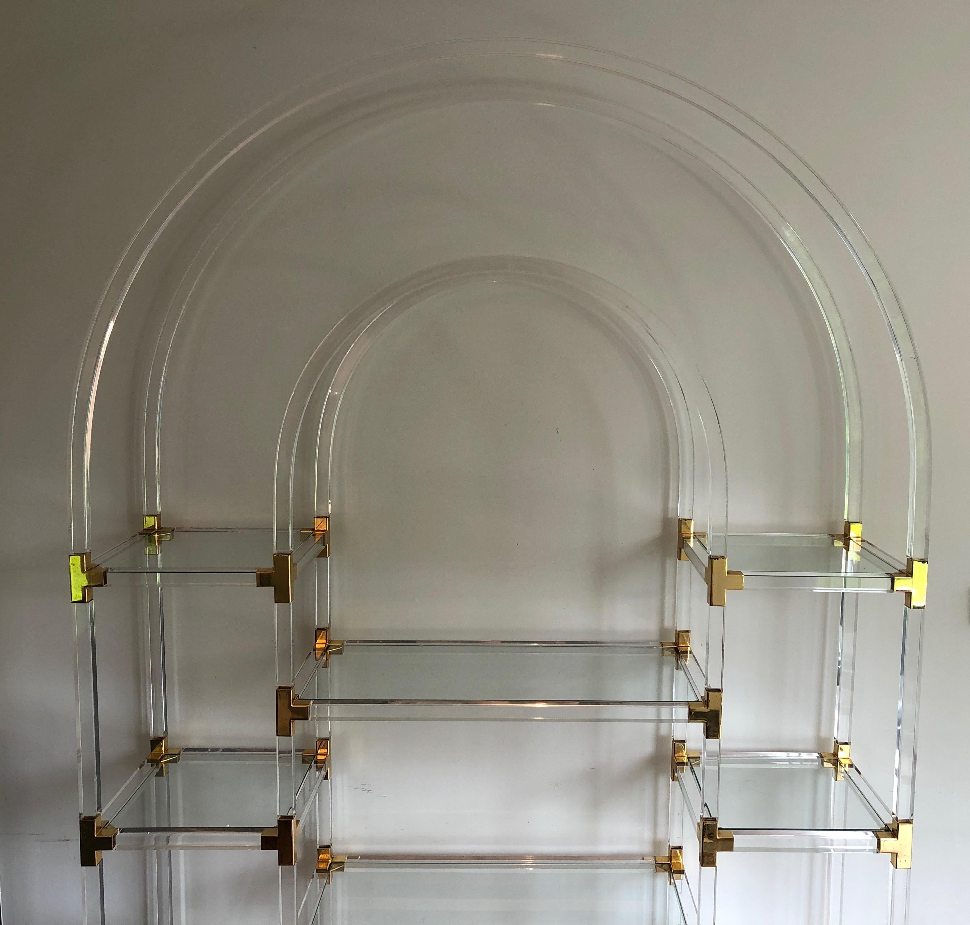 French Lucite, Gilded Metal and Glass Shelve, American Work by Charles Hollis Jones For Sale