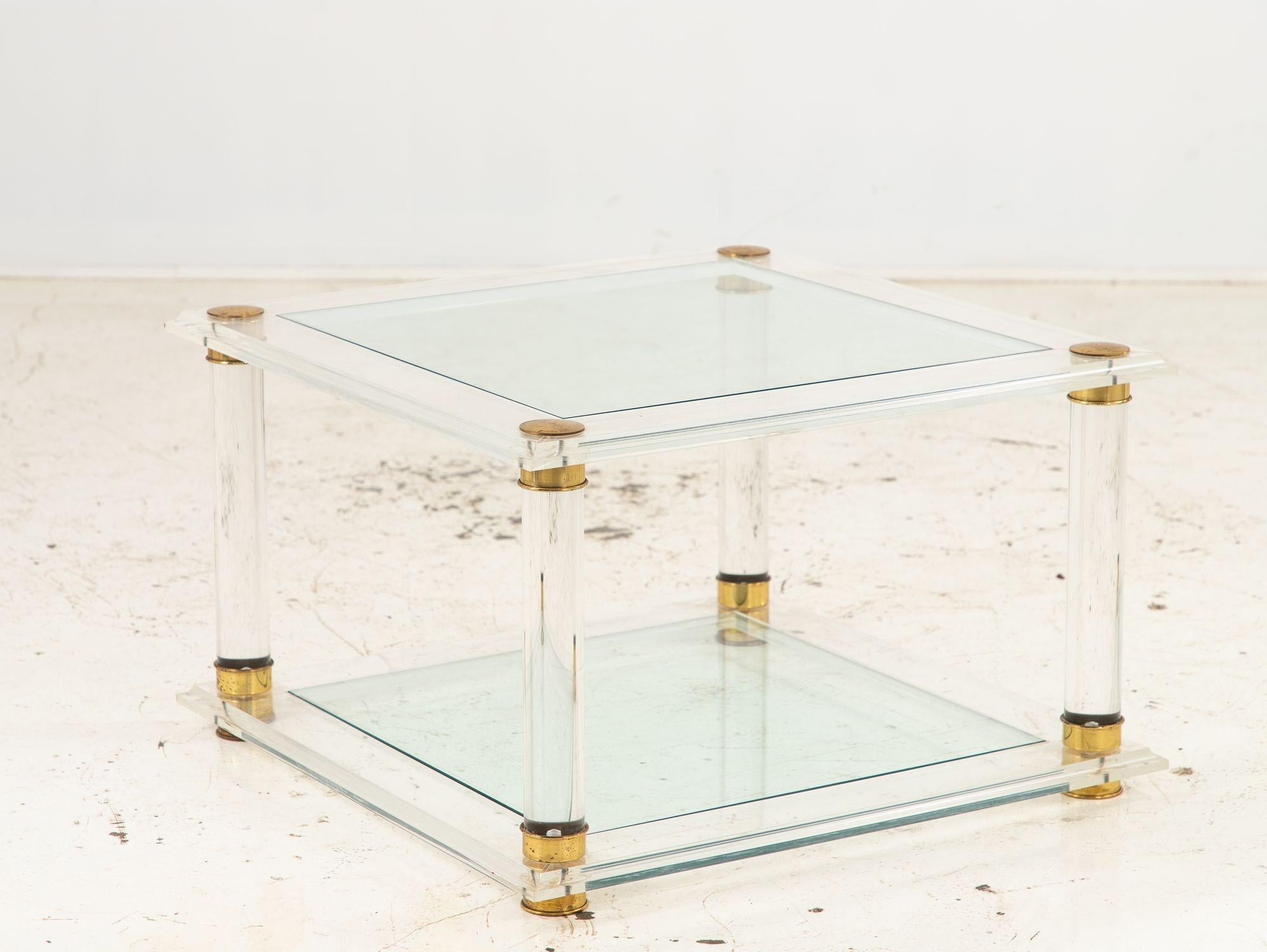 French Lucite, Glass, and Brass Cocktail Table, 1970s For Sale