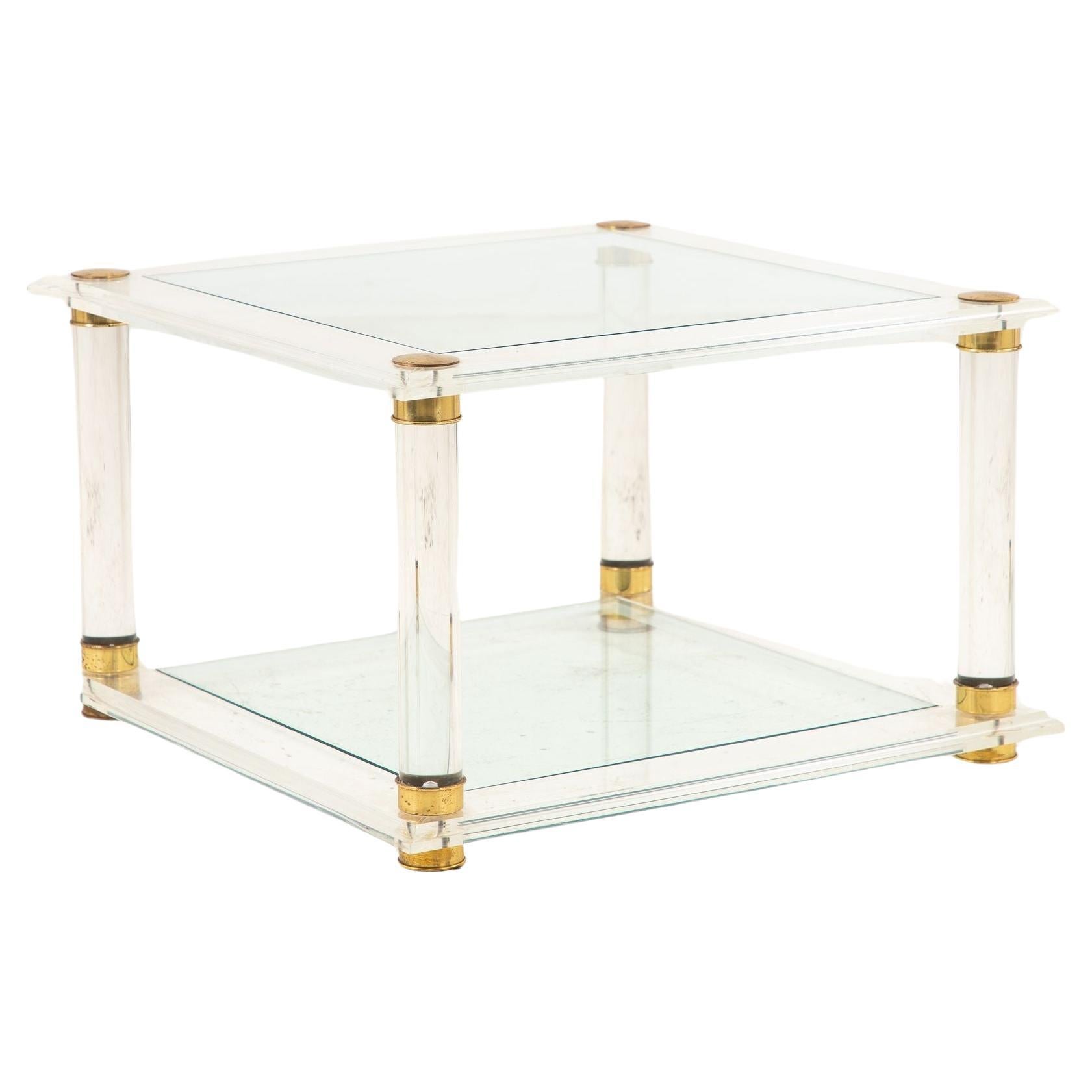 Lucite, Glass, and Brass Cocktail Table, 1970s For Sale