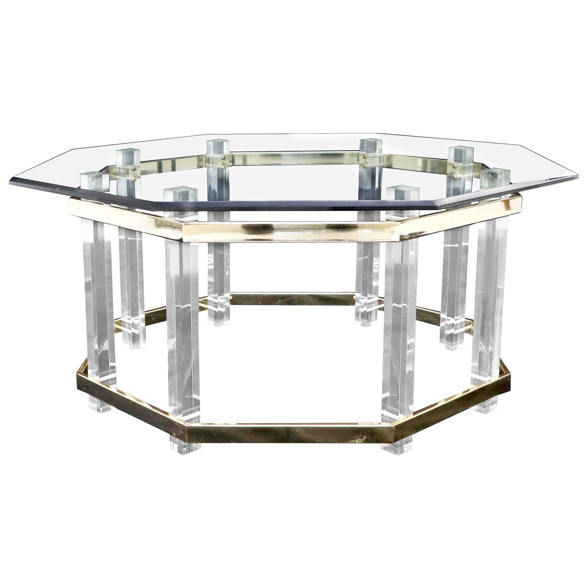 Lucite Glass and Brass Round Octagon Shape Coffee Table For Sale