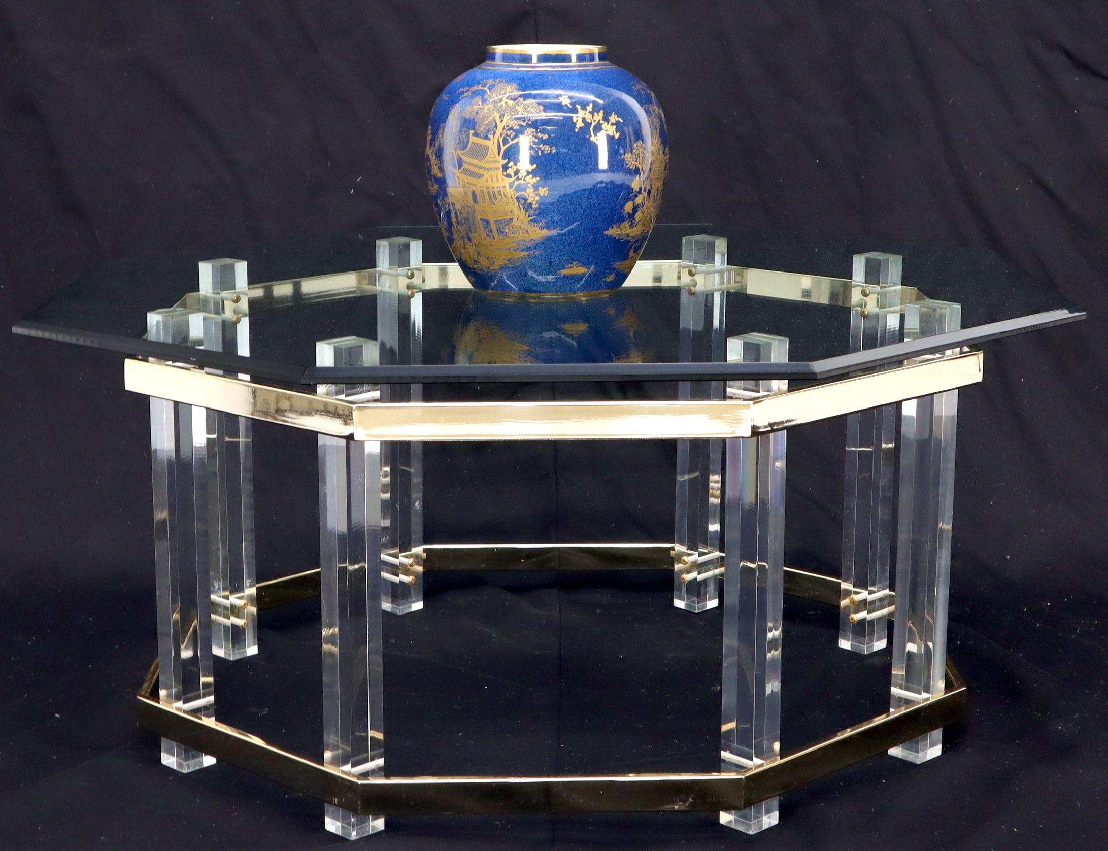 Lucite Glass and Brass Round Octagon Shape Coffee Table For Sale 4