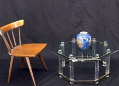Lucite Glass and Brass Round Octagon Shape Coffee Table