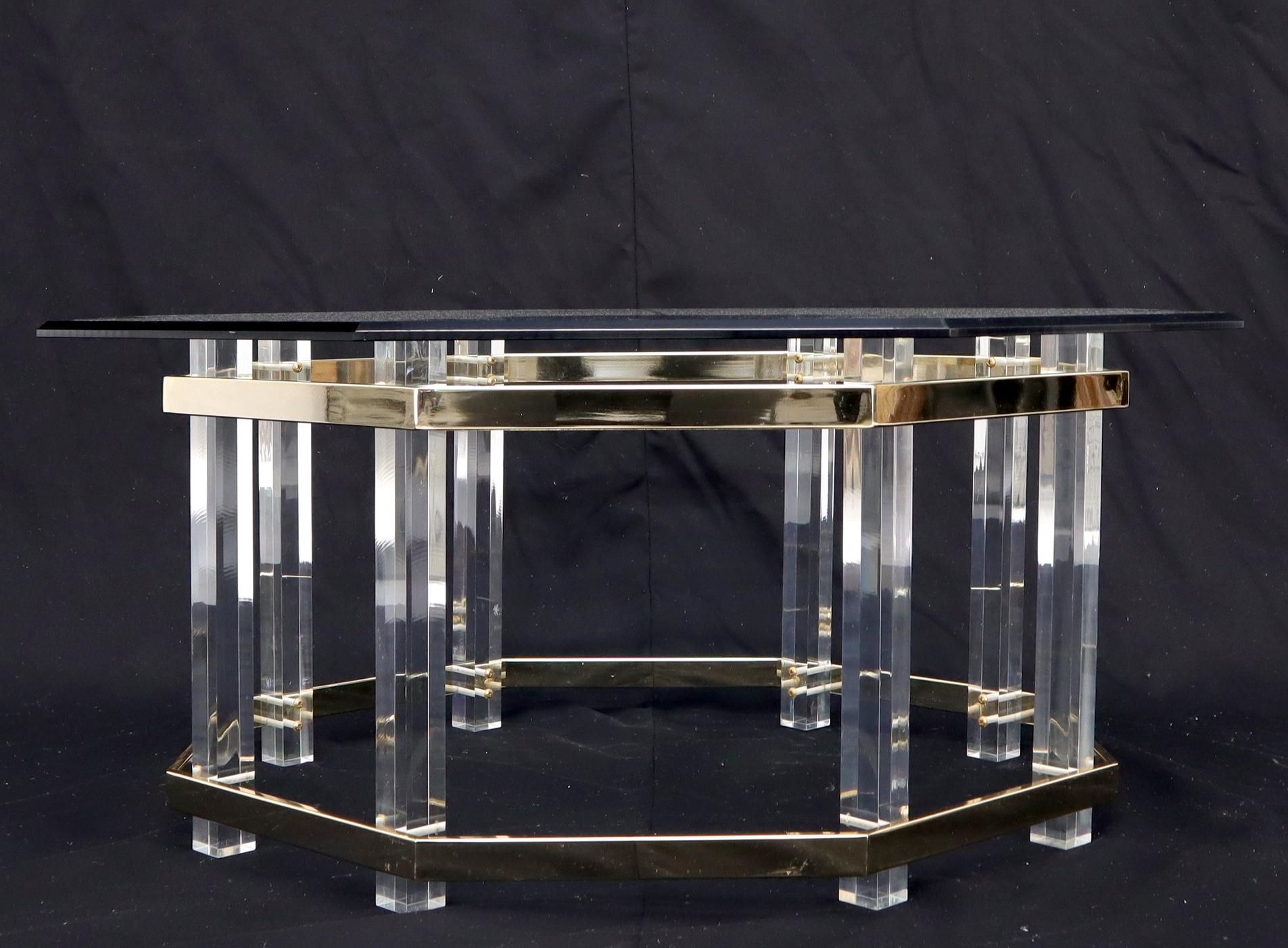 Mid-Century Modern Lucite Glass and Brass Round Octagon Shape Coffee Table For Sale