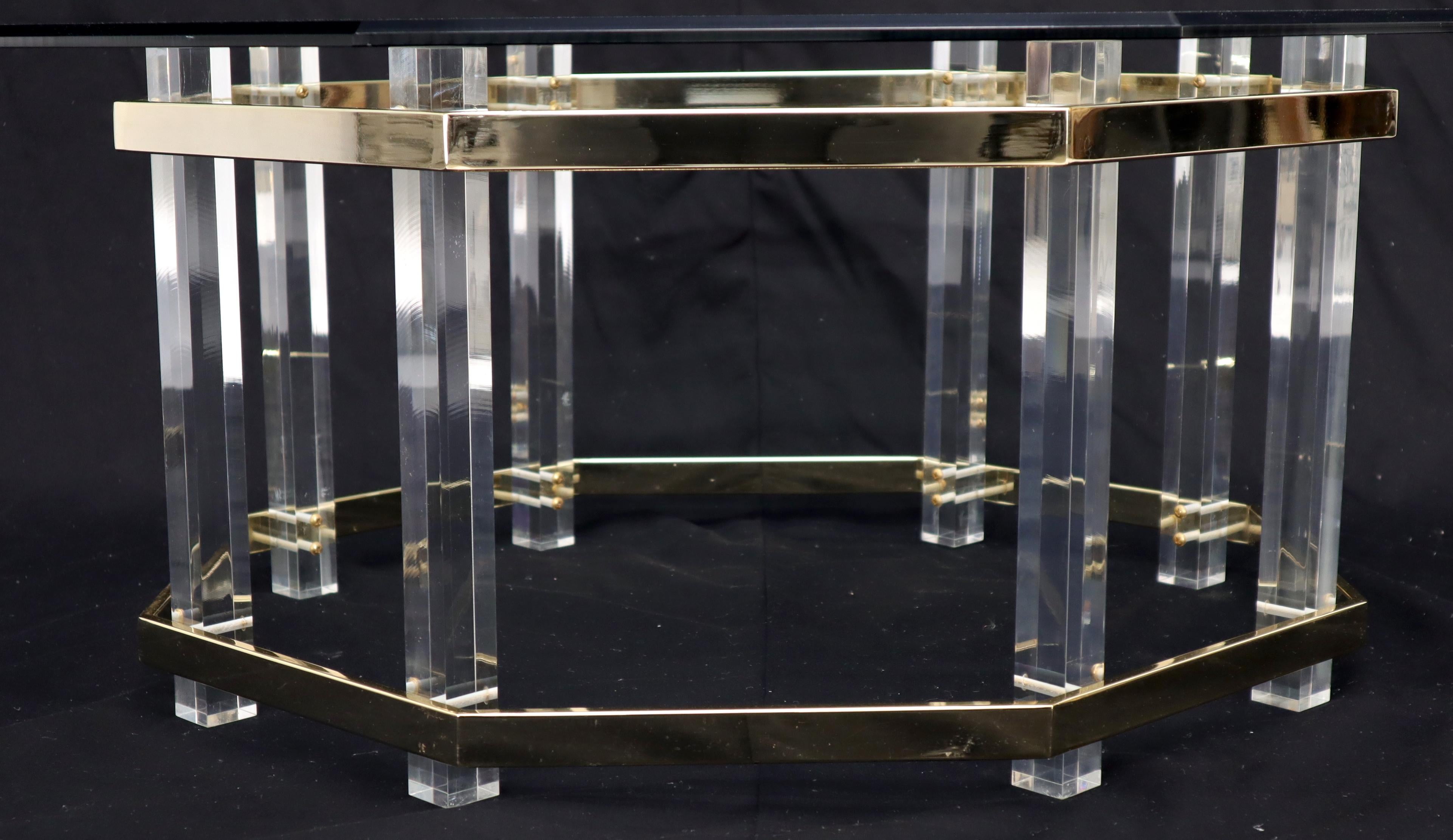 Lucite Glass and Brass Round Octagon Shape Coffee Table For Sale 1