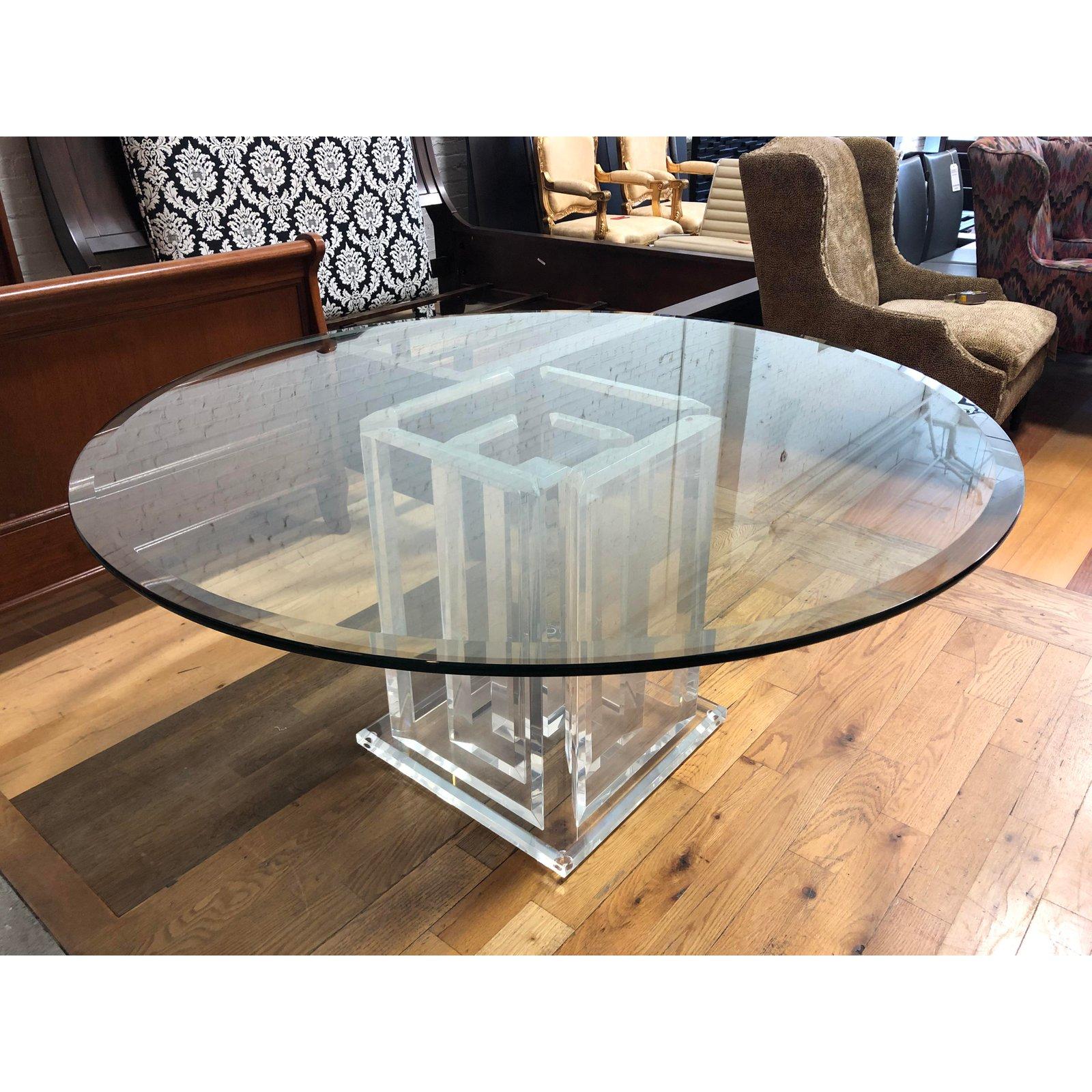 It presents a custom acrylic base round table. Originally purchased from the San Francisco Design Center. The base is a nine pillar acrylic base. A custom round beveled edge top. Great addition for the dining room, breakfast room off