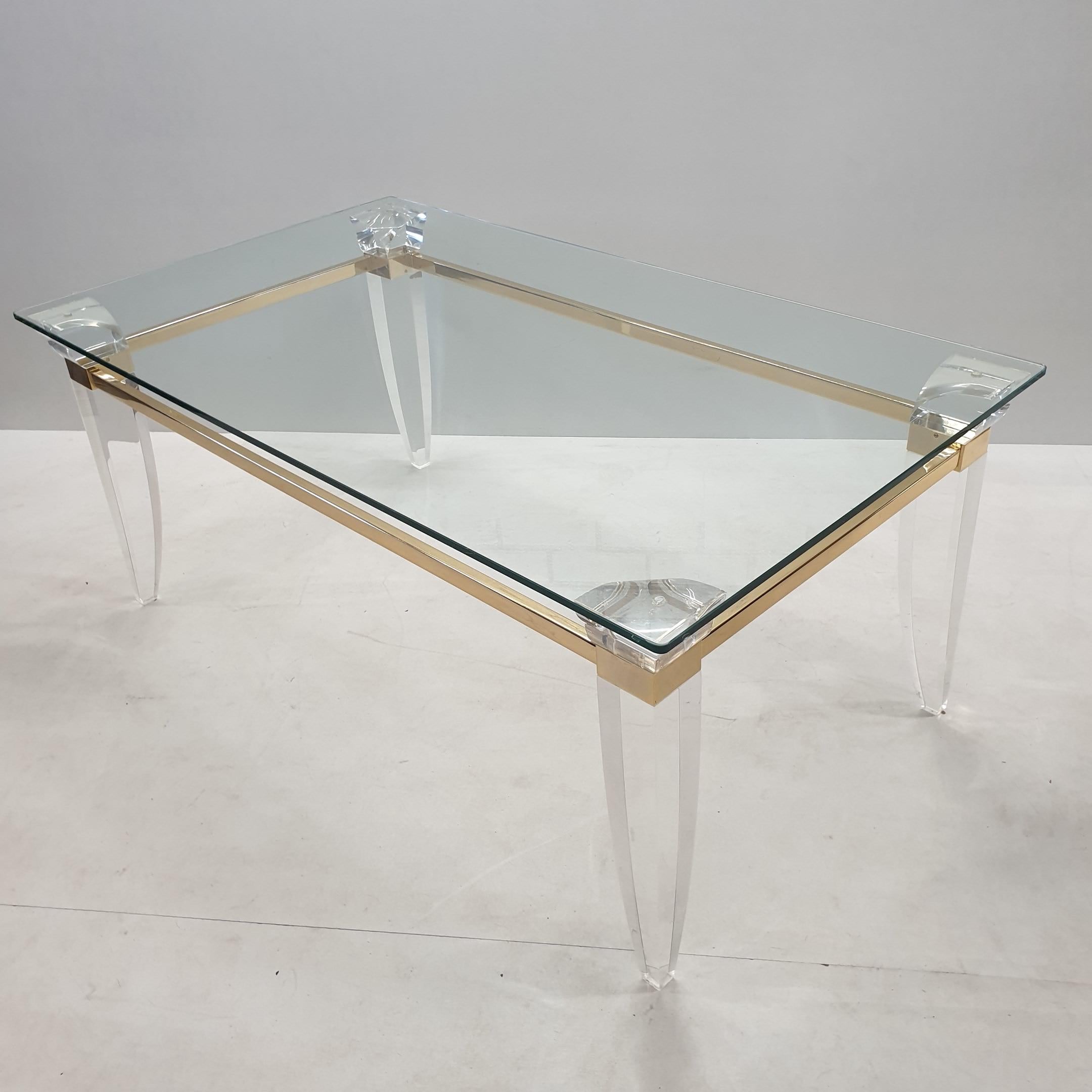 Lucite, Gold Plating and Glass Coffee Table with Assymetrical Table Legs, 1980s For Sale 2