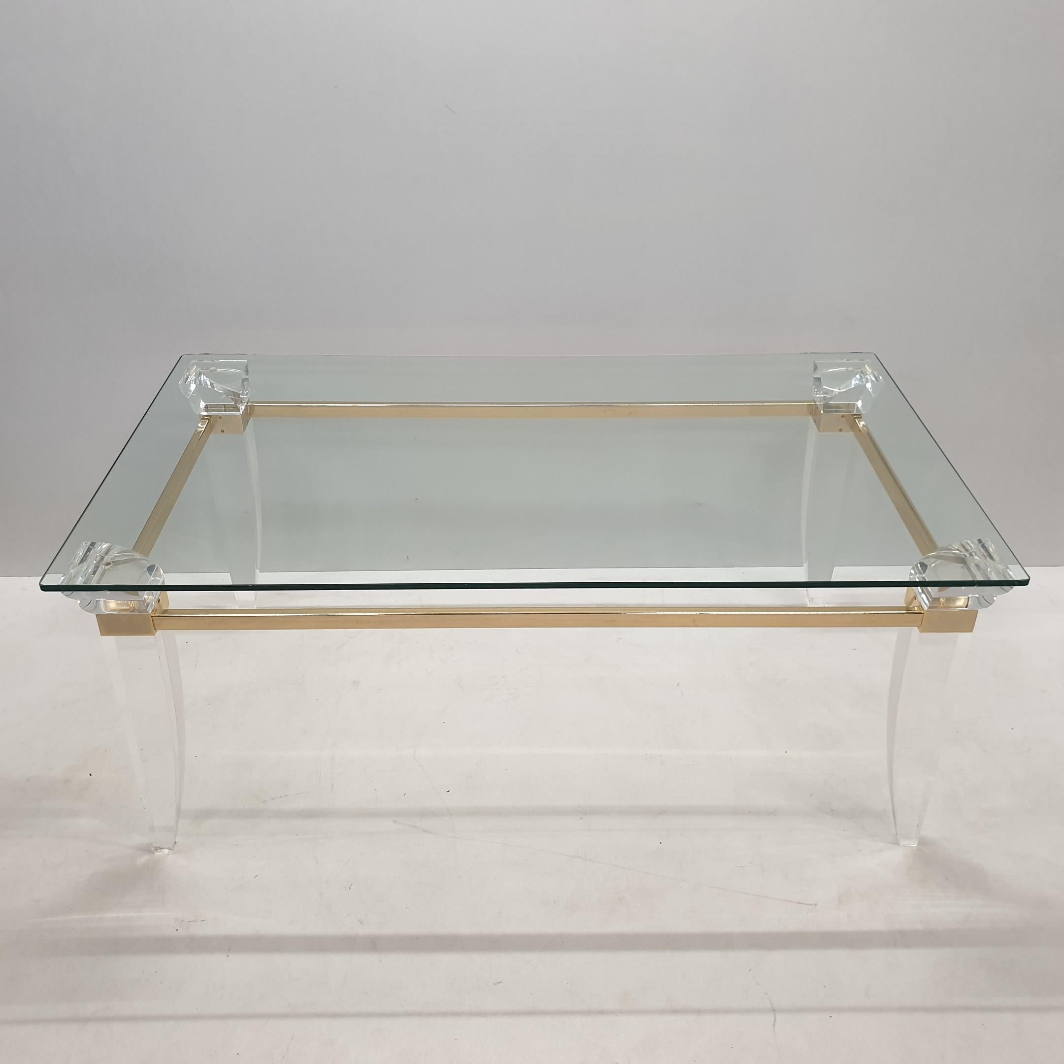 Lucite, Gold Plating and Glass Coffee Table with Assymetrical Table Legs, 1980s For Sale 3