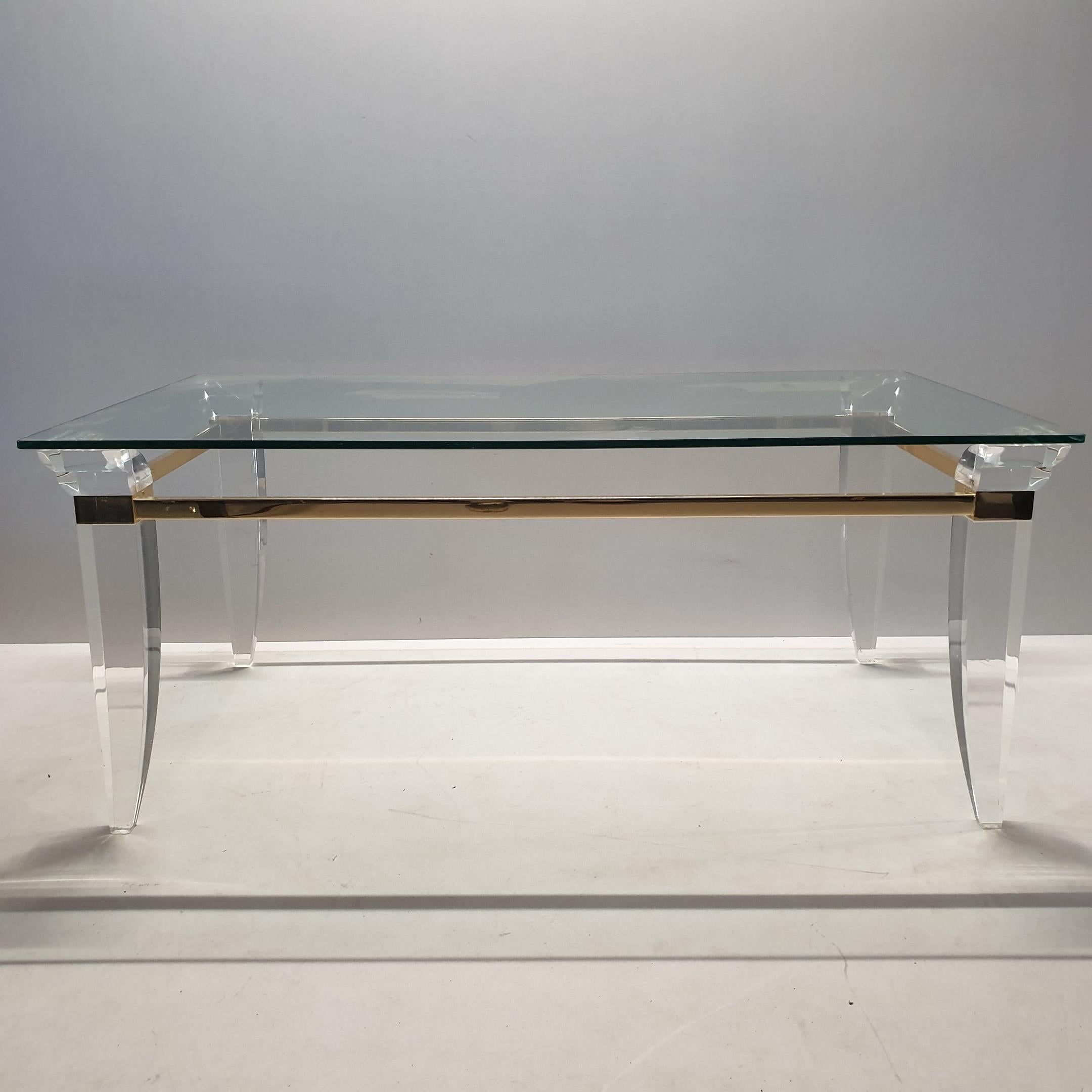 Lucite, Gold Plating and Glass Coffee Table with Assymetrical Table Legs, 1980s For Sale 4