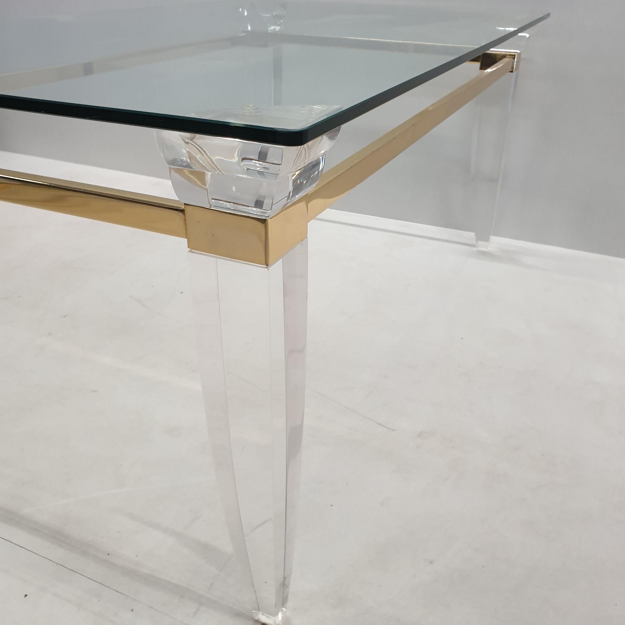 20th Century Lucite, Gold Plating and Glass Coffee Table with Assymetrical Table Legs, 1980s For Sale