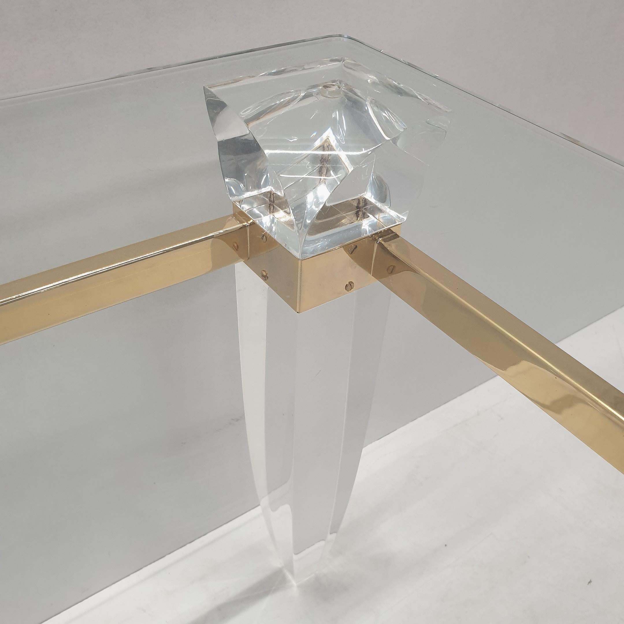 Gold Plate Lucite, Gold Plating and Glass Coffee Table with Assymetrical Table Legs, 1980s For Sale