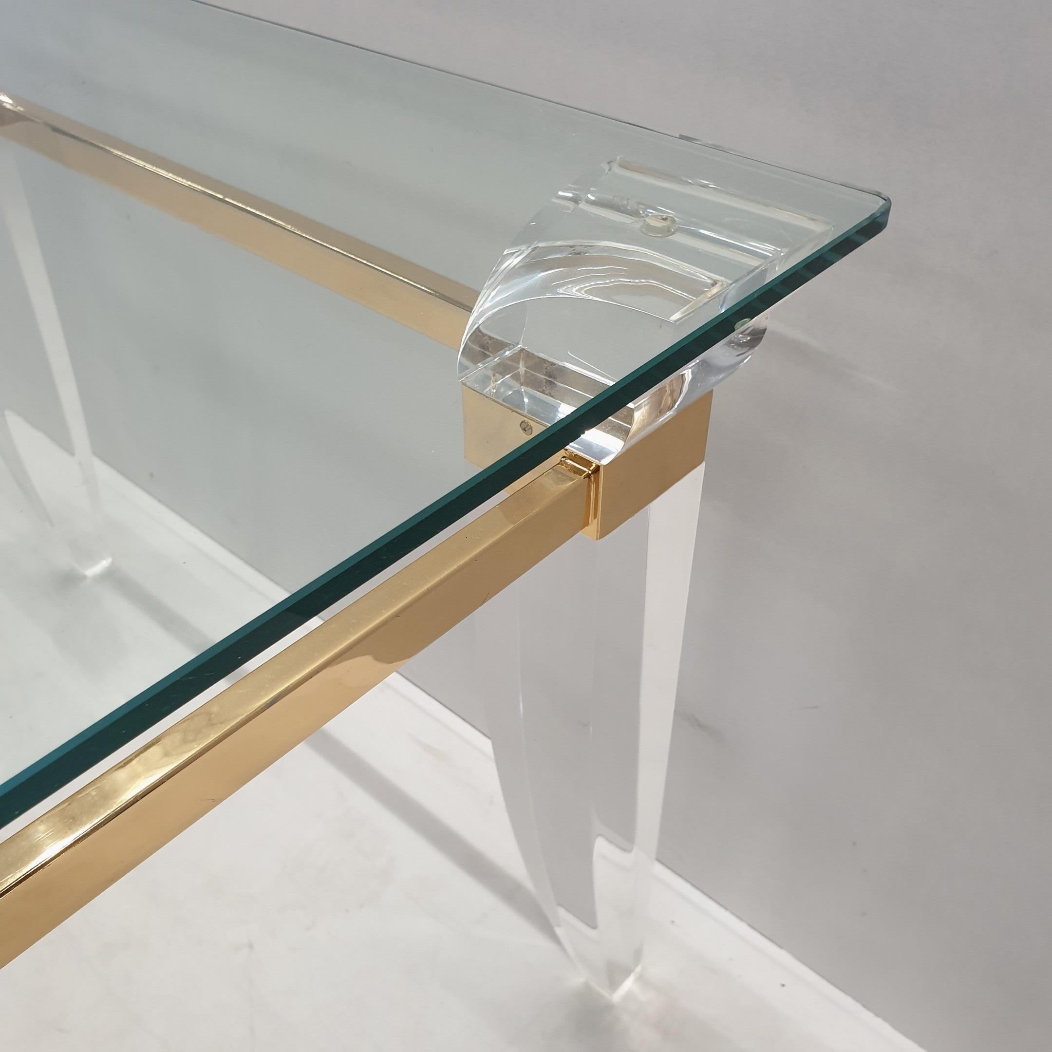 Lucite, Gold Plating and Glass Coffee Table with Assymetrical Table Legs, 1980s For Sale 1
