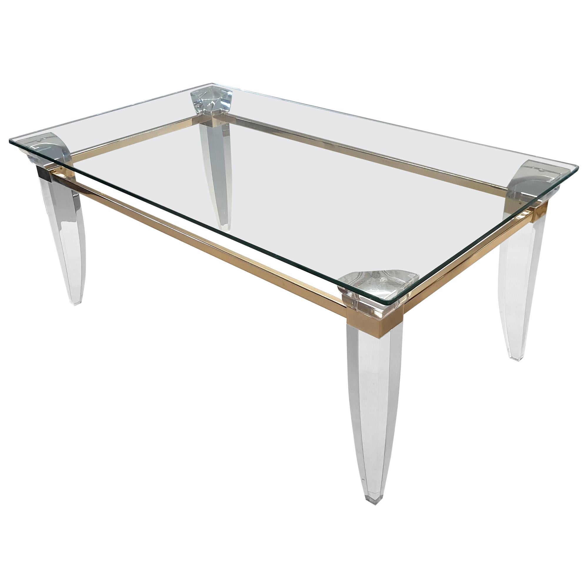 Lucite, Gold Plating and Glass Coffee Table with Assymetrical Table Legs, 1980s For Sale
