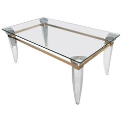 Lucite, Gold Plating and Glass Coffee Table with Assymetrical Table Legs, 1980s