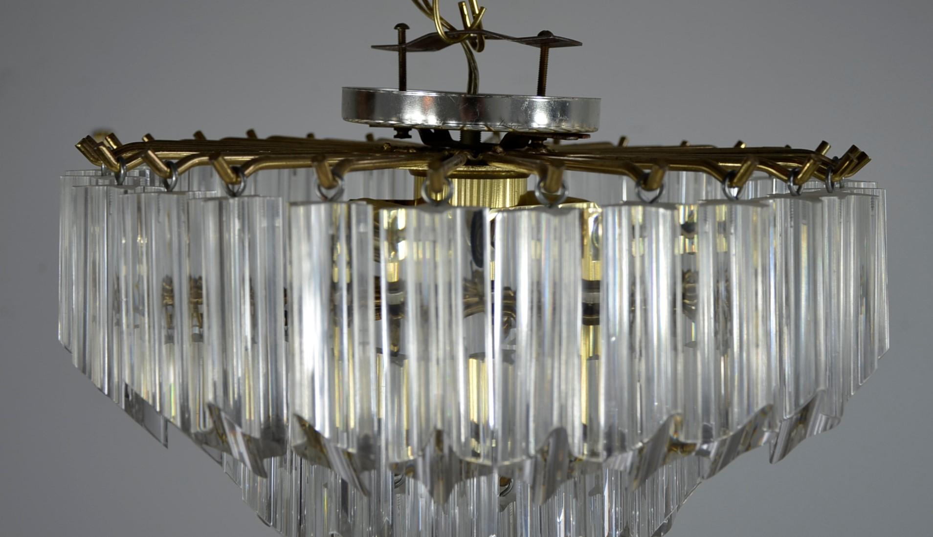 Lucite Hanging Triad Prisms with Brass Frame Venini Style Flushmount Chandelier For Sale 12