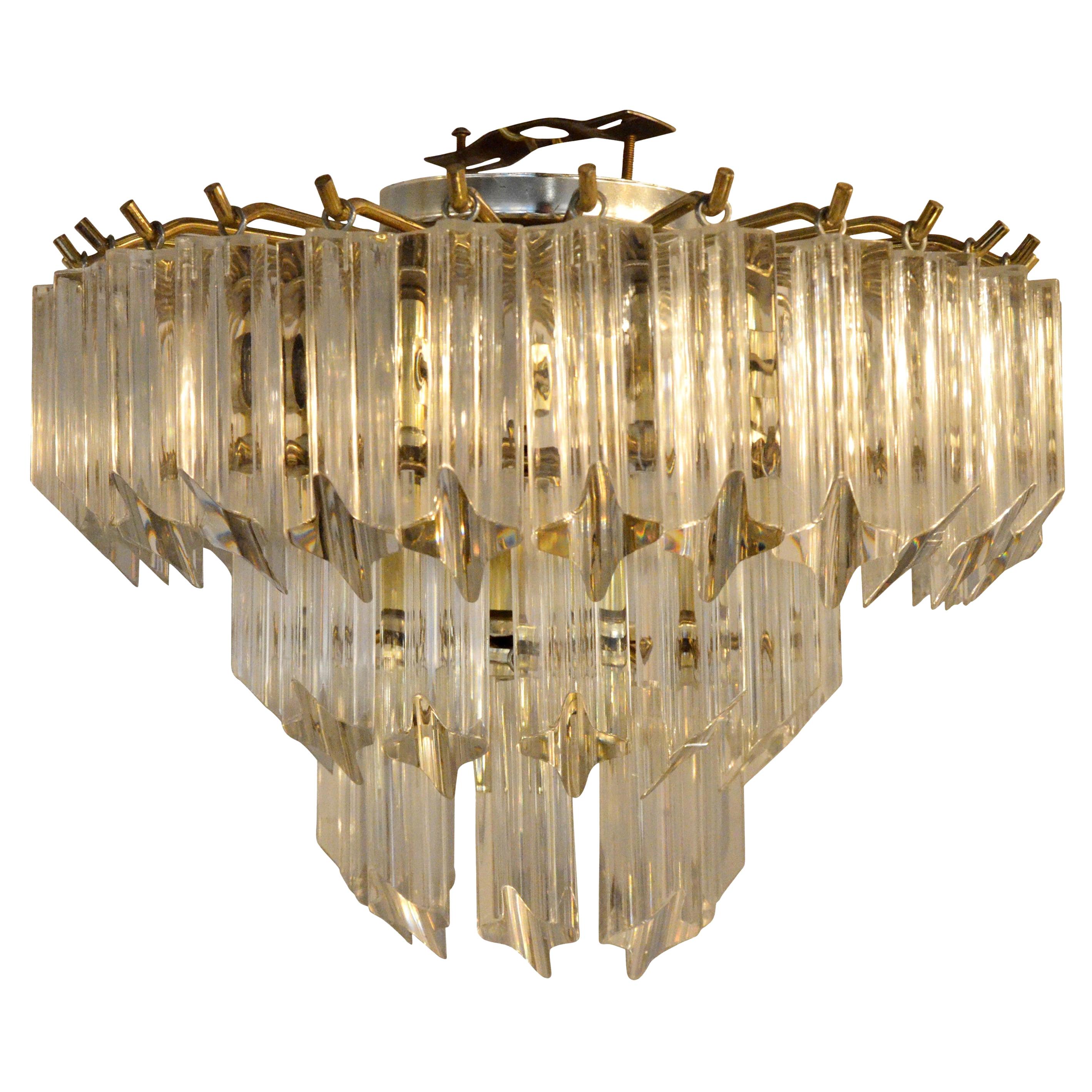 Lucite Hanging Triad Prisms with Brass Frame Venini Style Flushmount Chandelier For Sale