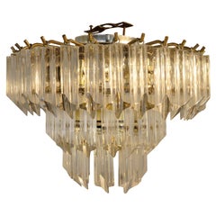 Used Lucite Hanging Triad Prisms with Brass Frame Venini Style Flushmount Chandelier