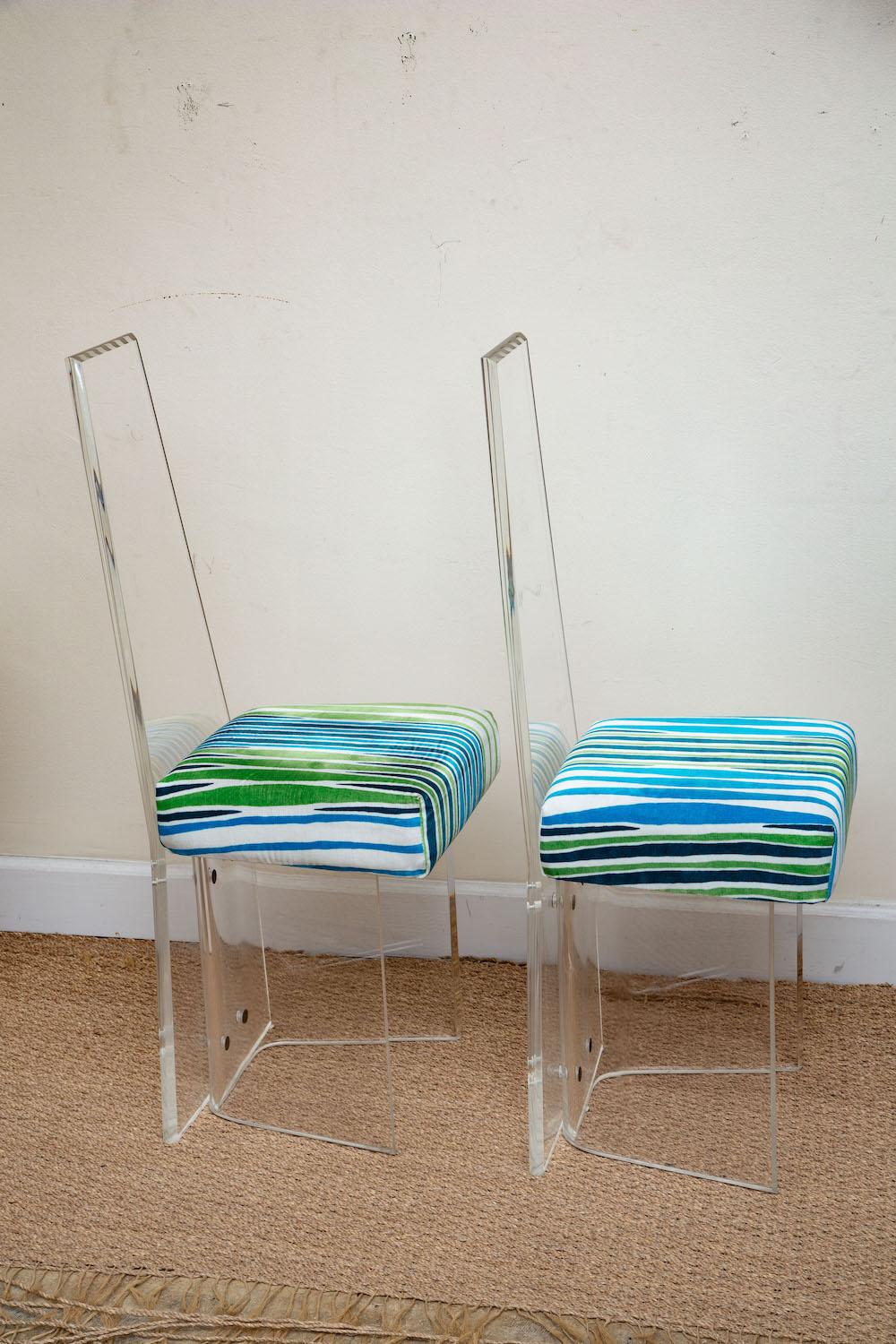 Lucite Vintage High-back and Velvet Green Blue Upholstered Dining Chairs Set Six 4