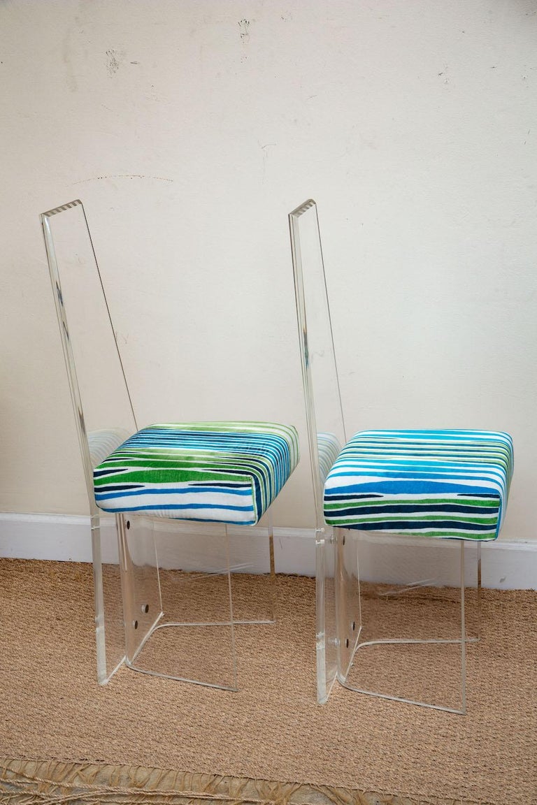 Lucite Highback and Velvet Green Blue Upholstered Dining Chairs S/ Six Vintage For Sale 4