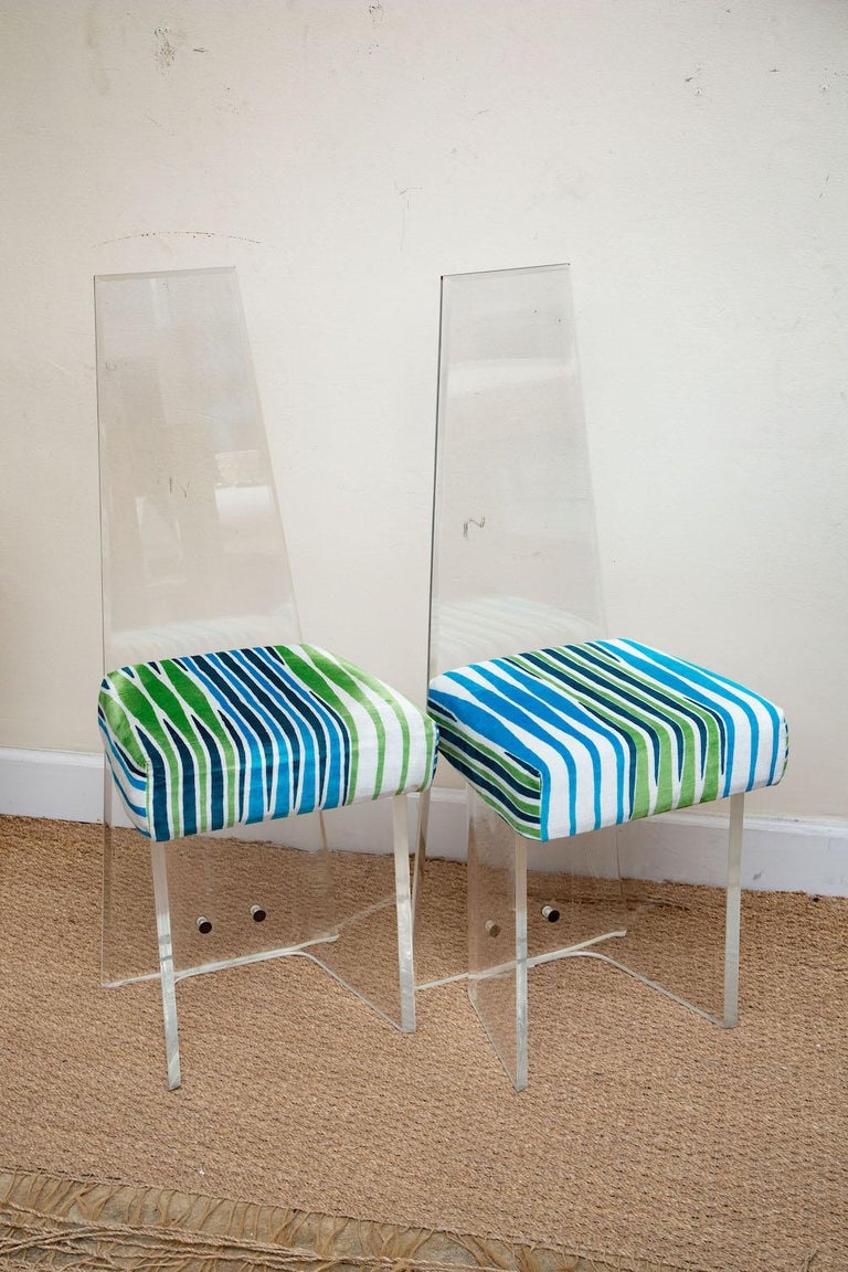 Modern Lucite Highback and Velvet Green Blue Upholstered Dining Chairs S/ Six Vintage For Sale