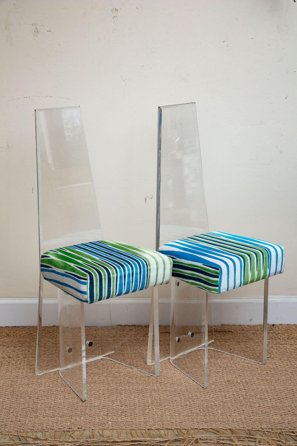 American Lucite Vintage High-back and Velvet Green Blue Upholstered Dining Chairs Set Six