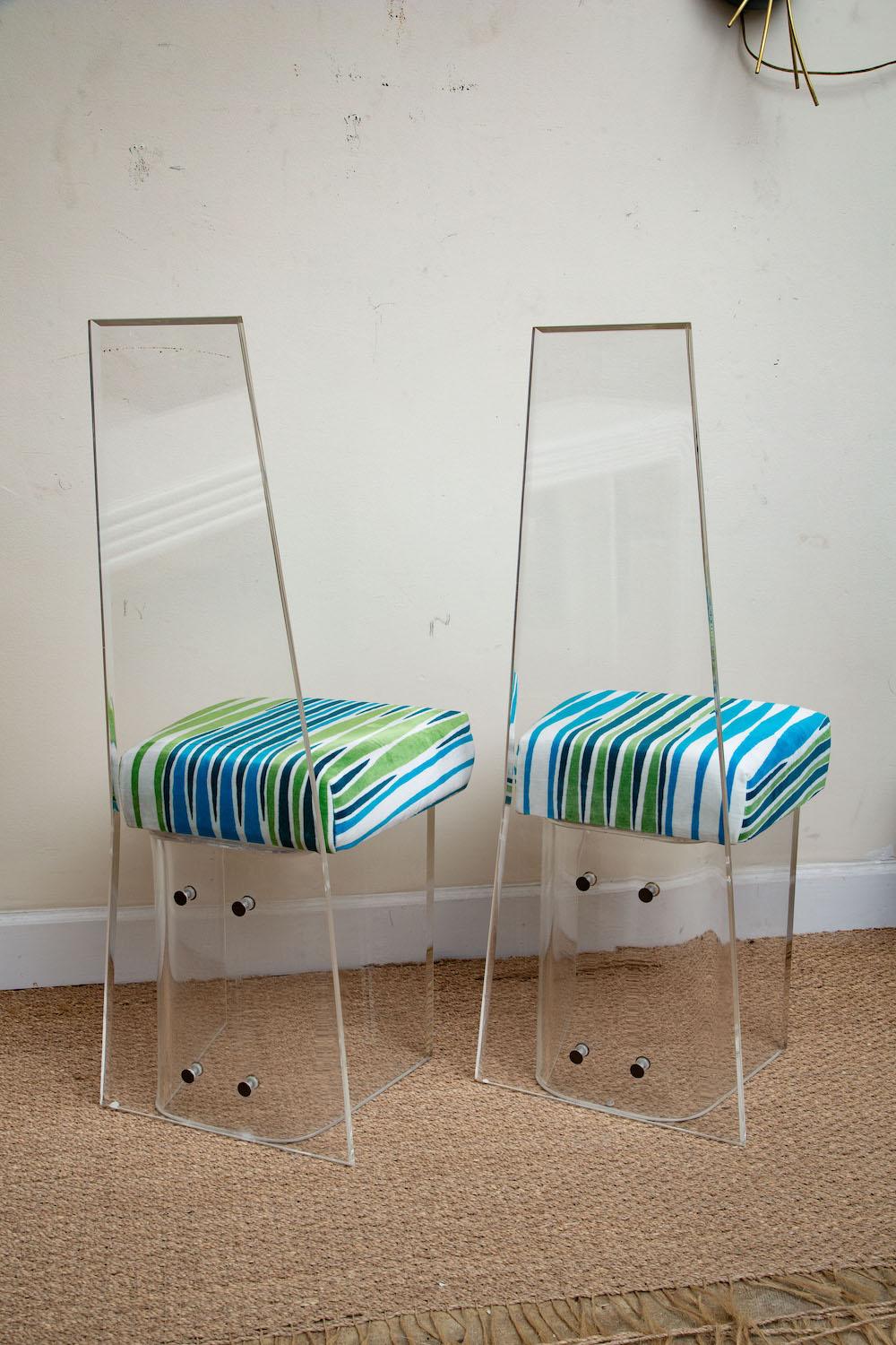 Lucite Vintage High-back and Velvet Green Blue Upholstered Dining Chairs Set Six In Good Condition In North Miami, FL