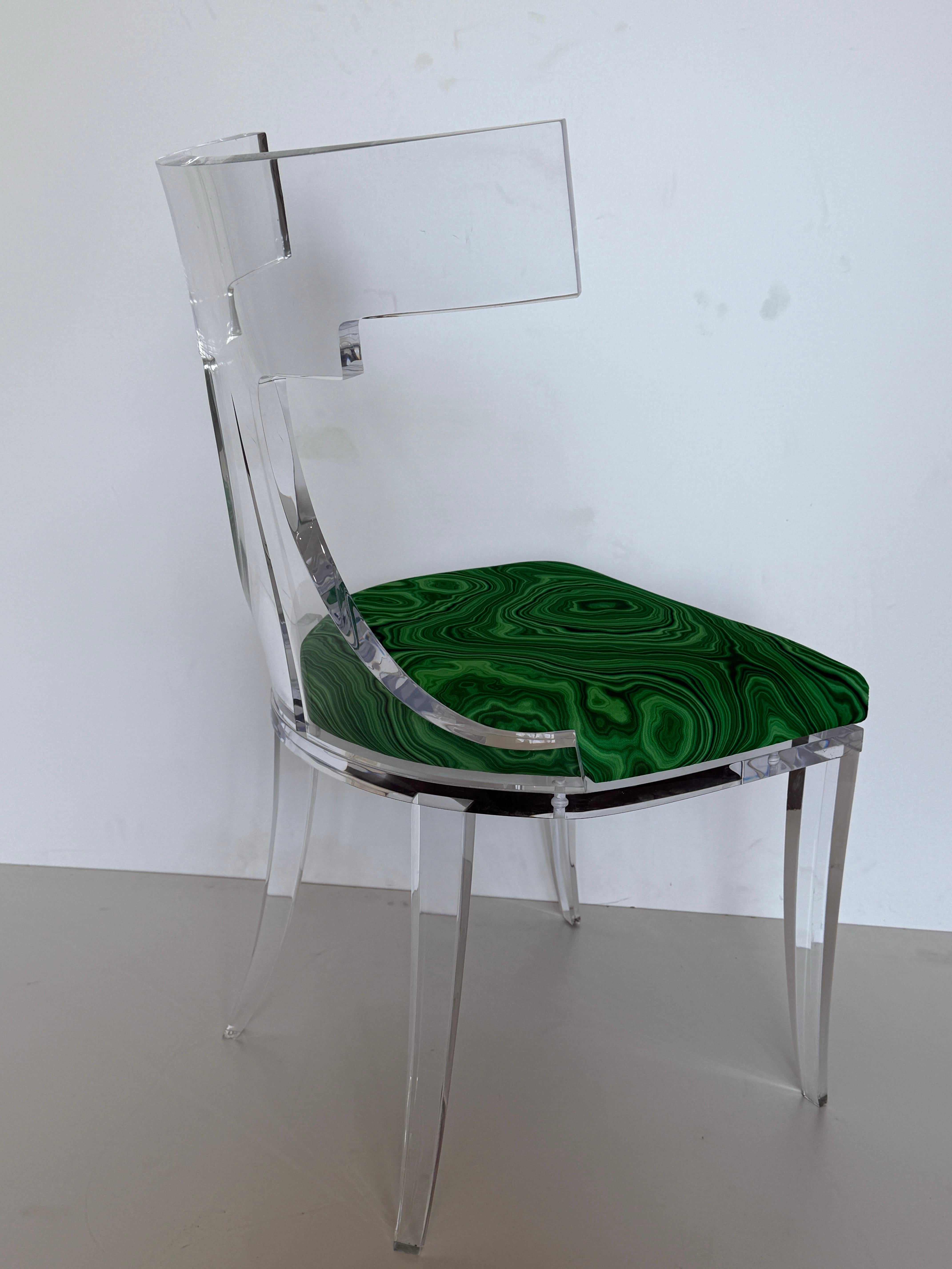Lucite Klismos Chair in Malachite Print Fabric For Sale 4