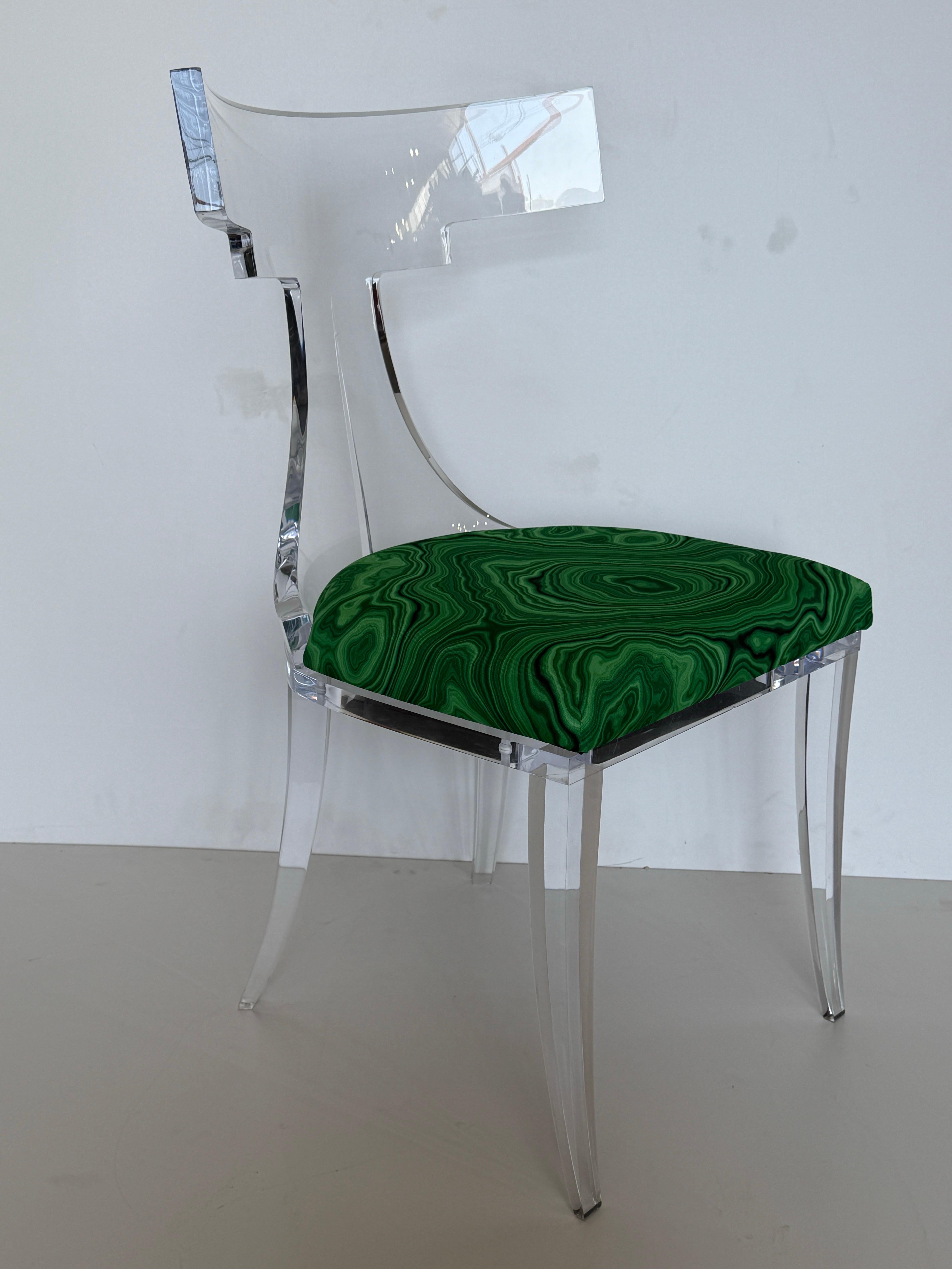 Lucite Klismos Chair in Malachite Print Fabric For Sale 5