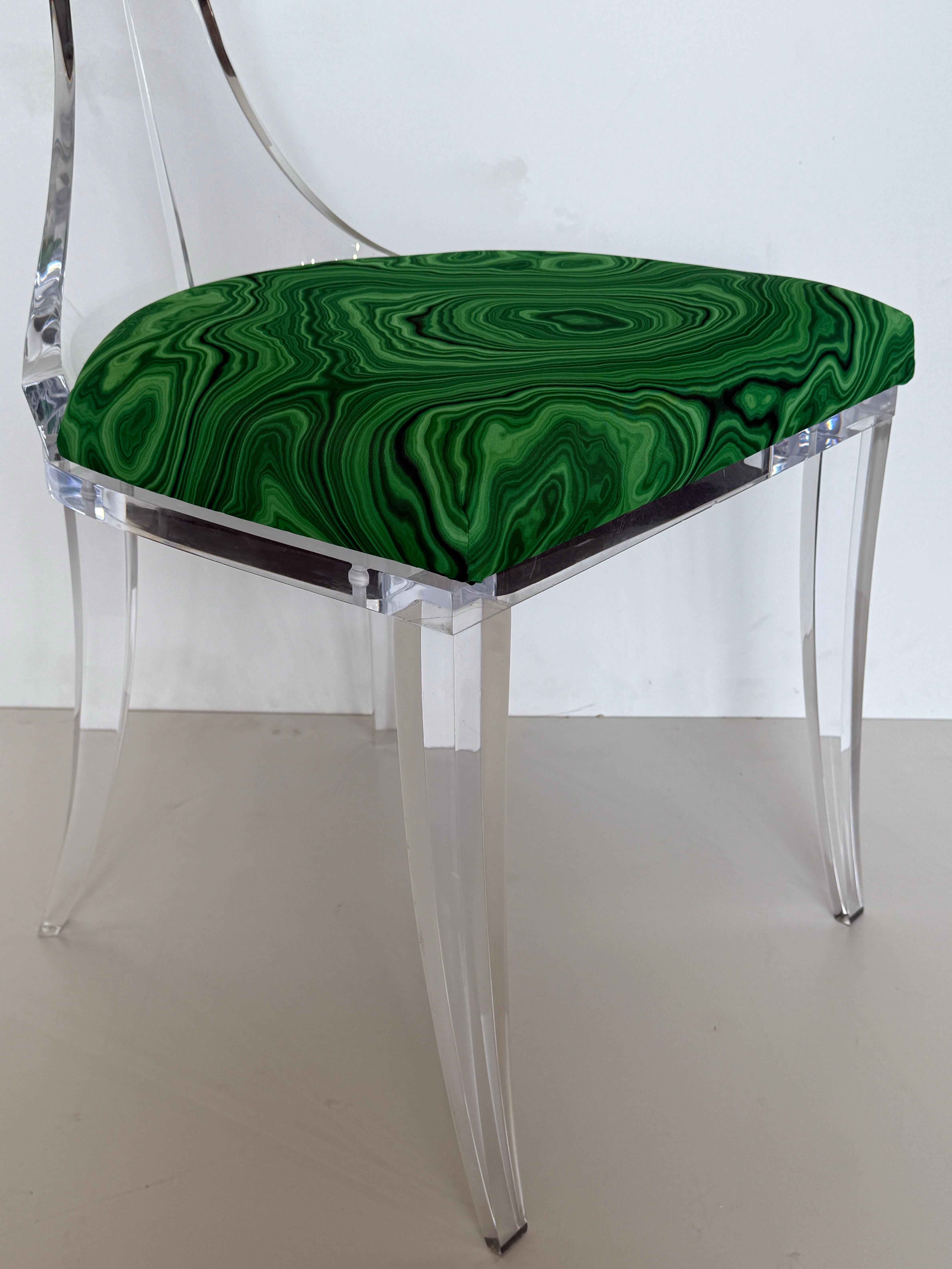 Lucite Klismos Chair in Malachite Print Fabric For Sale 7
