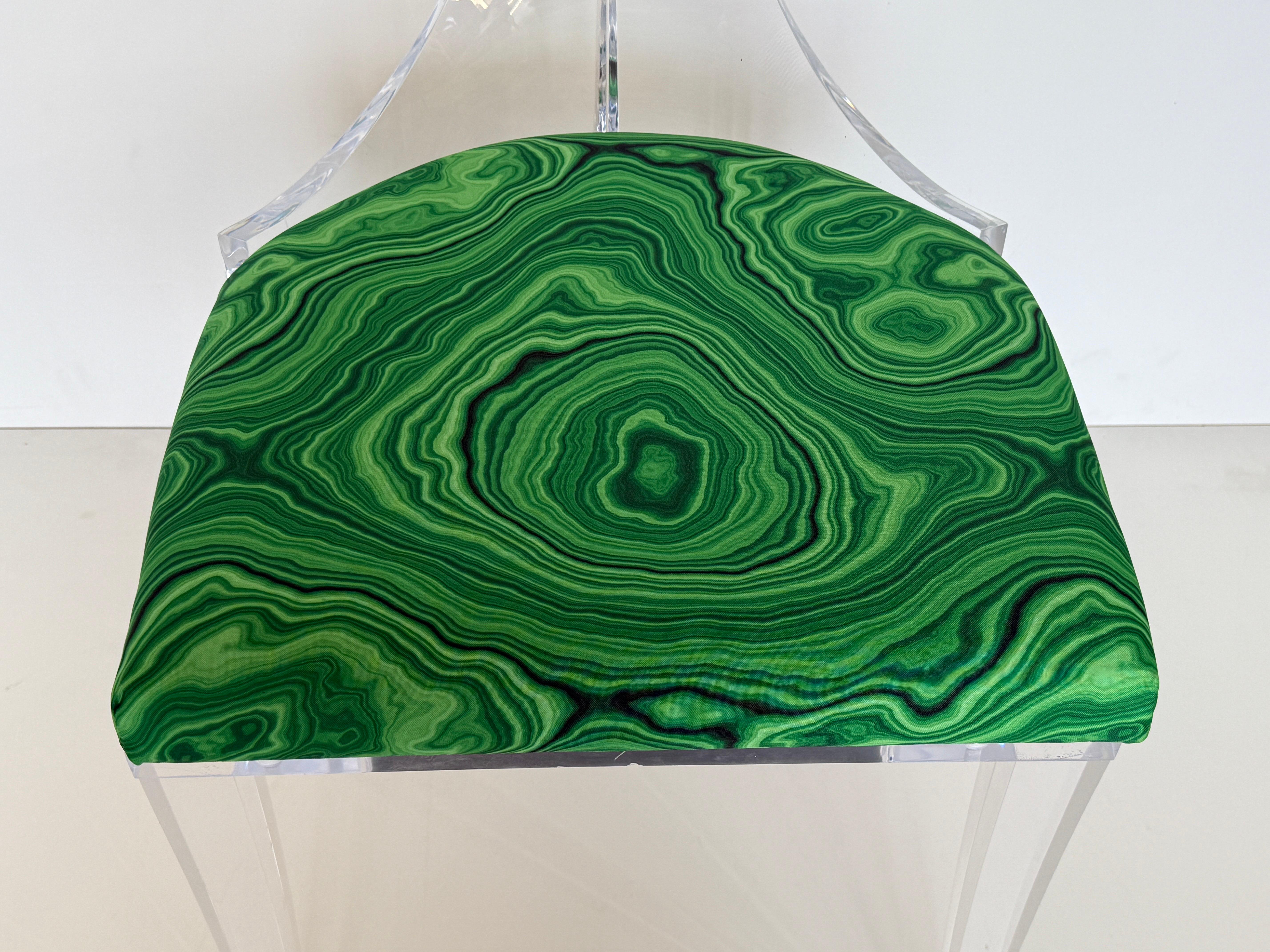 Lucite Klismos Chair in Malachite Print Fabric For Sale 8