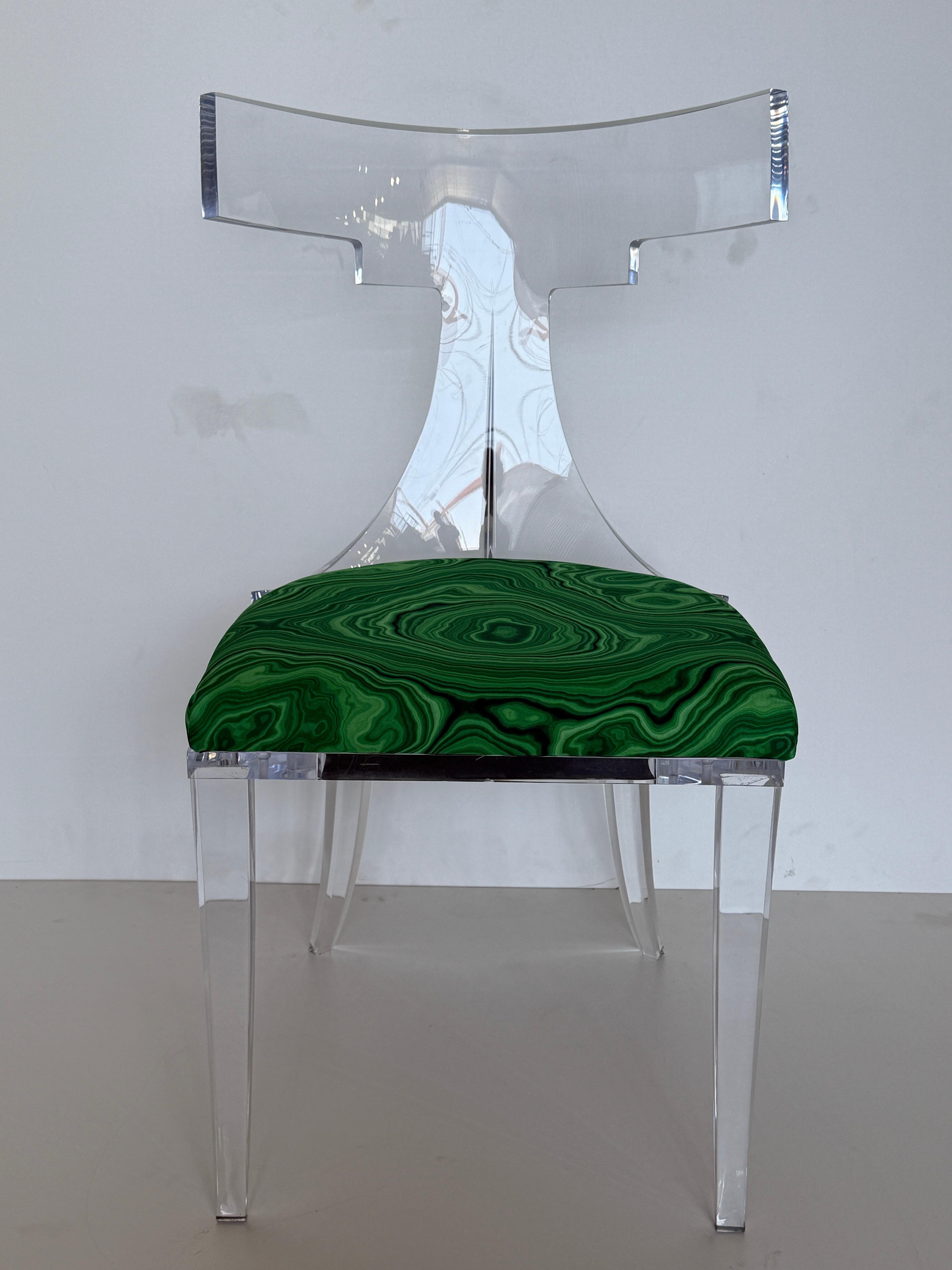 Lucite Klismos chair upholstered in malachite print fabric in the style of Charles Hollis Jones.
It is made in 1990’s by Los Angeles based company Shahrooz. Total three chairs available. Price is per chair.