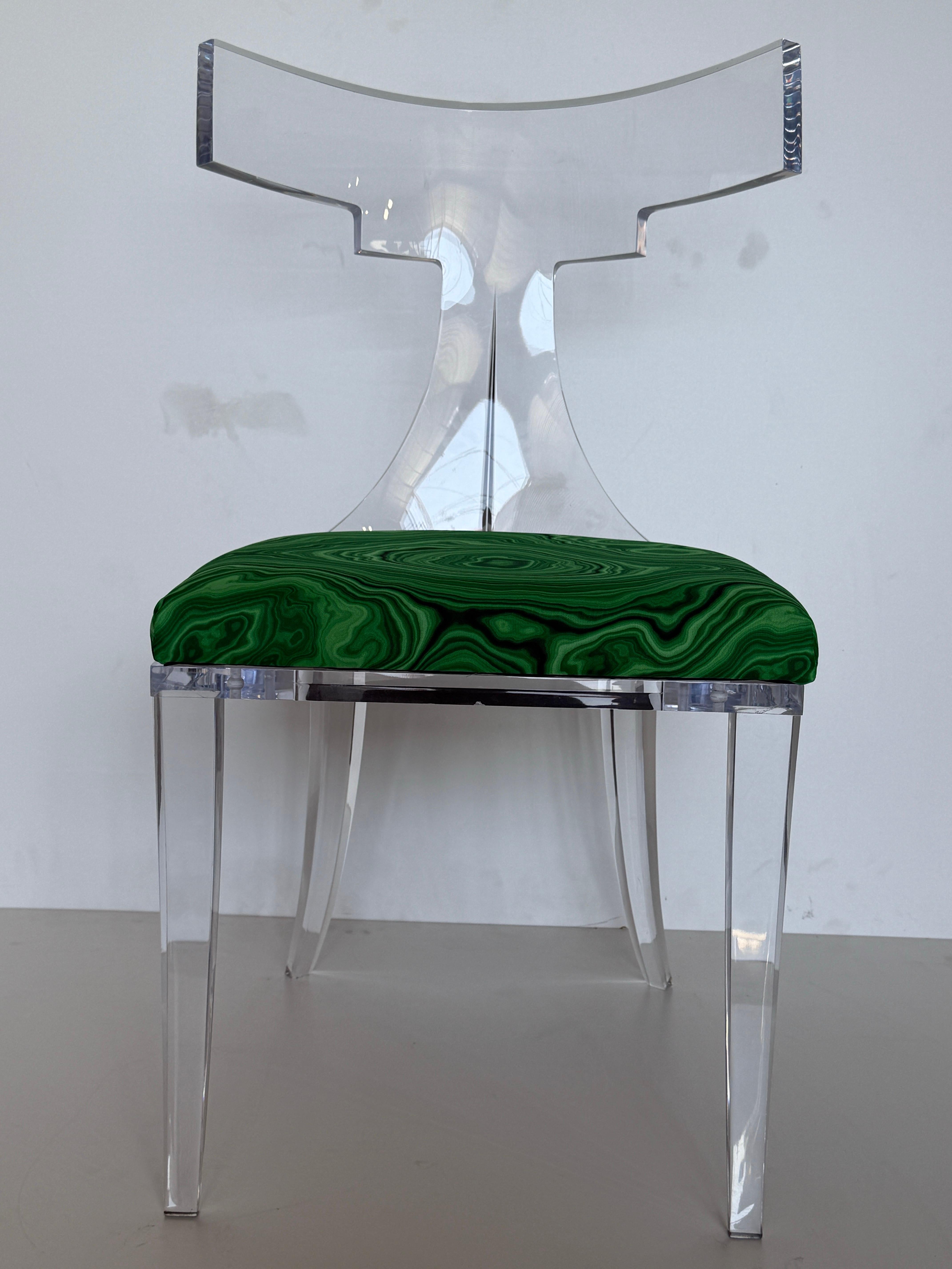 Classical Greek Lucite Klismos Chair in Malachite Print Fabric For Sale