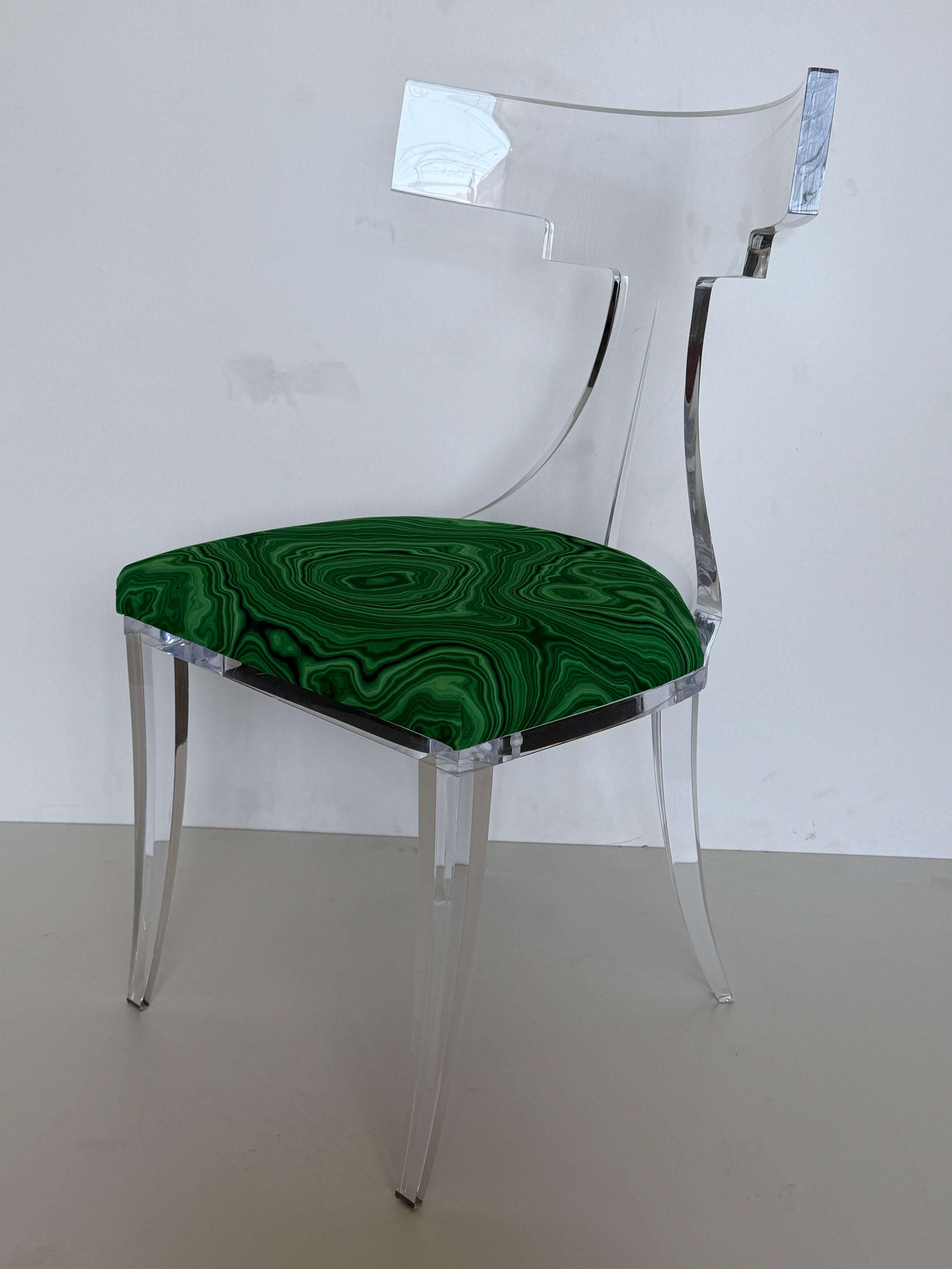 American Lucite Klismos Chair in Malachite Print Fabric For Sale