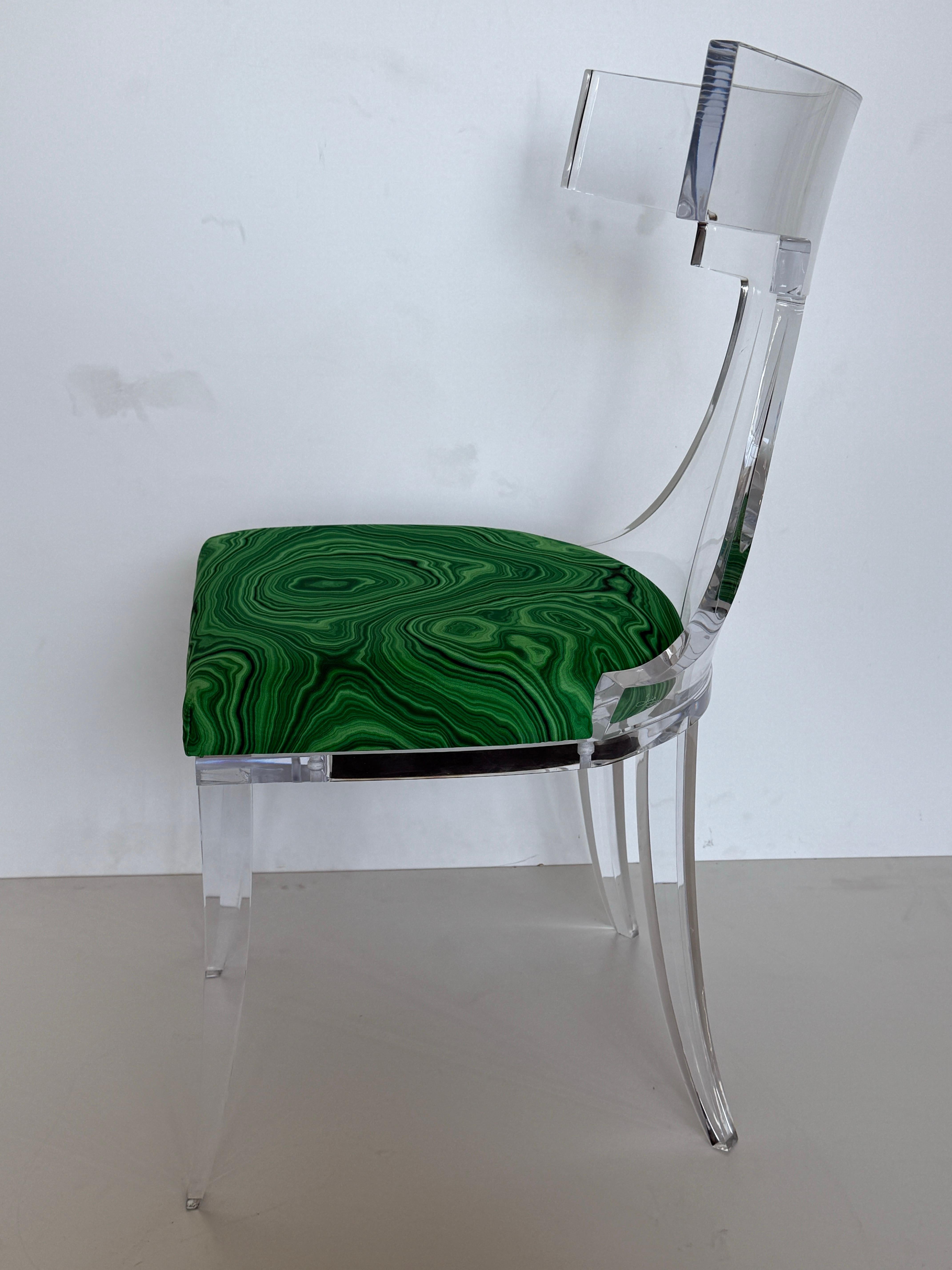 Lucite Klismos Chair in Malachite Print Fabric In Good Condition For Sale In North Hollywood, CA