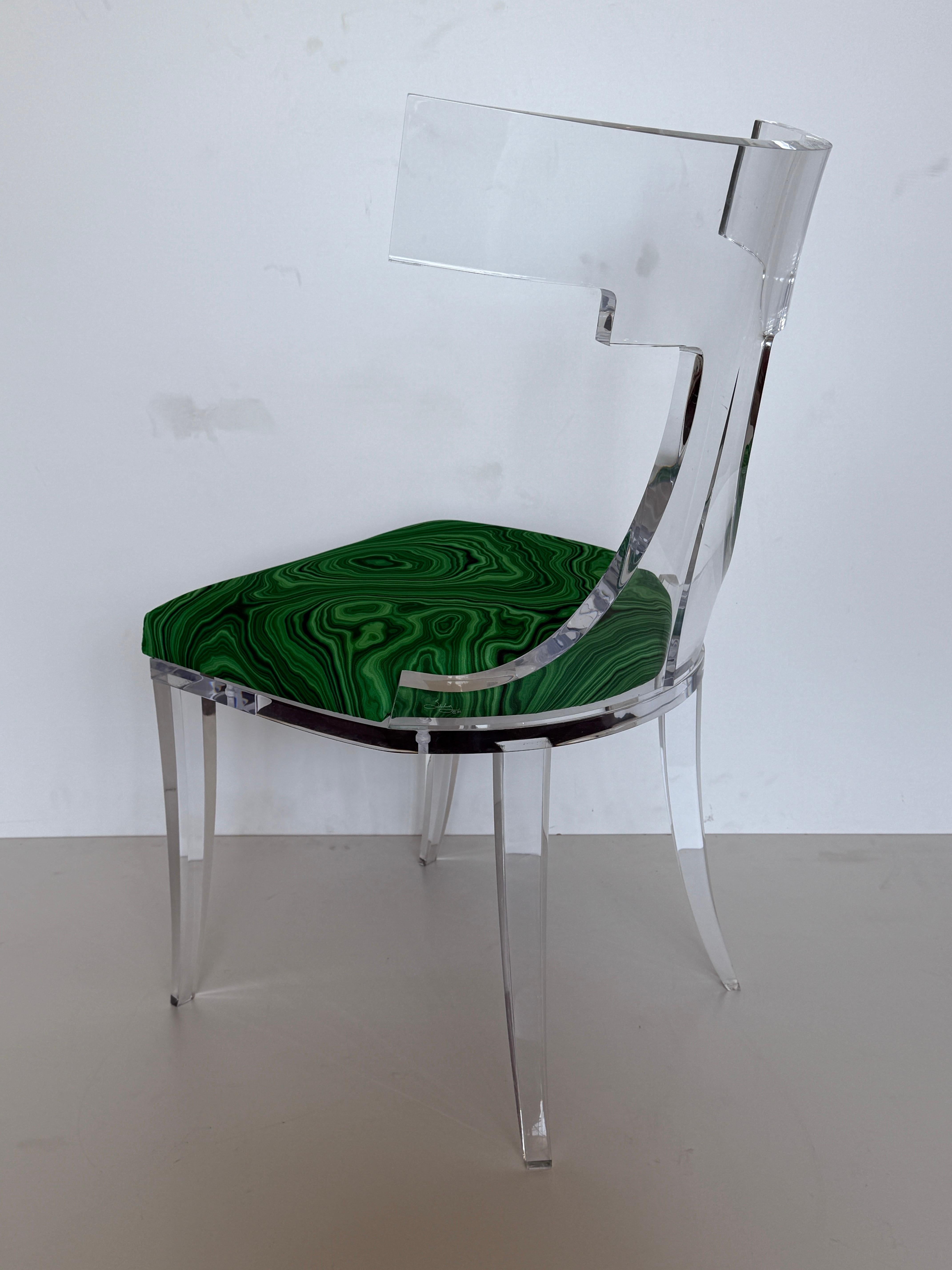 Mid-20th Century Lucite Klismos Chair in Malachite Print Fabric For Sale