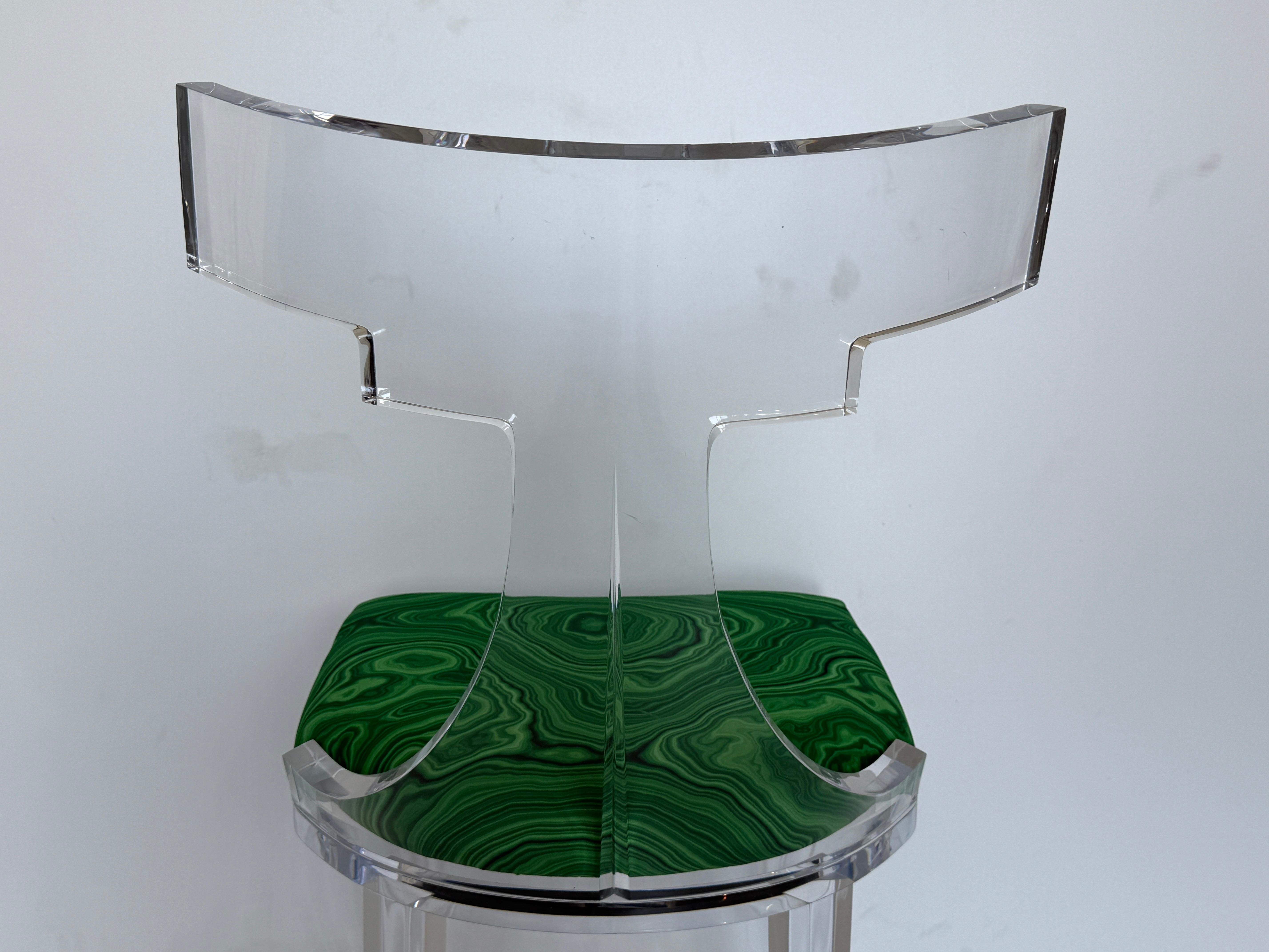 Lucite Klismos Chair in Malachite Print Fabric For Sale 3