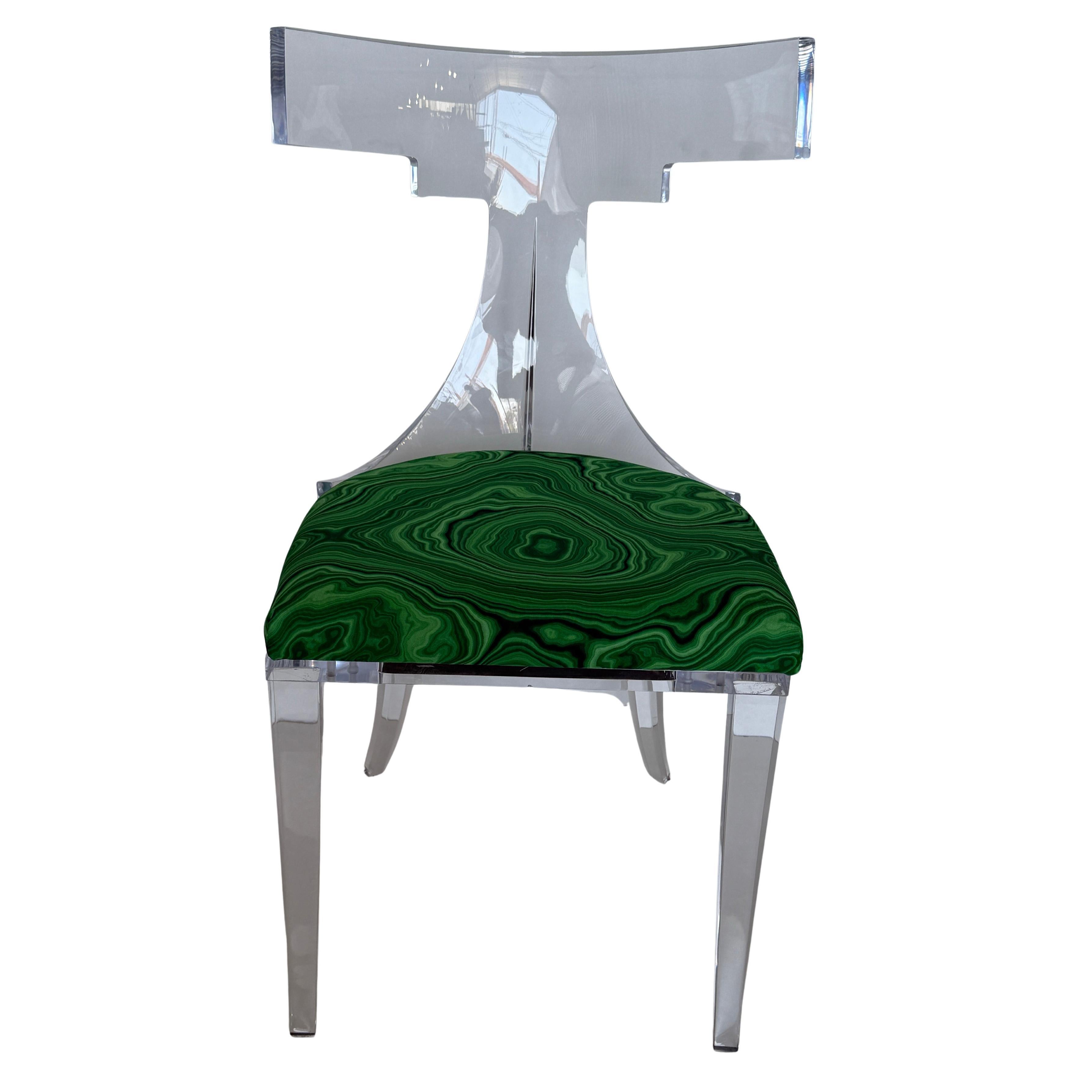 Lucite Klismos Chair in Malachite Print Fabric