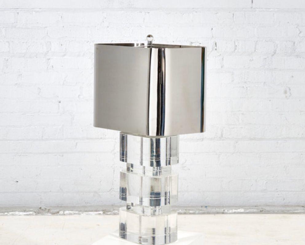 Lucite Lamp with Original Metal Shade Karl Springer, 1970 In Good Condition For Sale In Chicago, IL