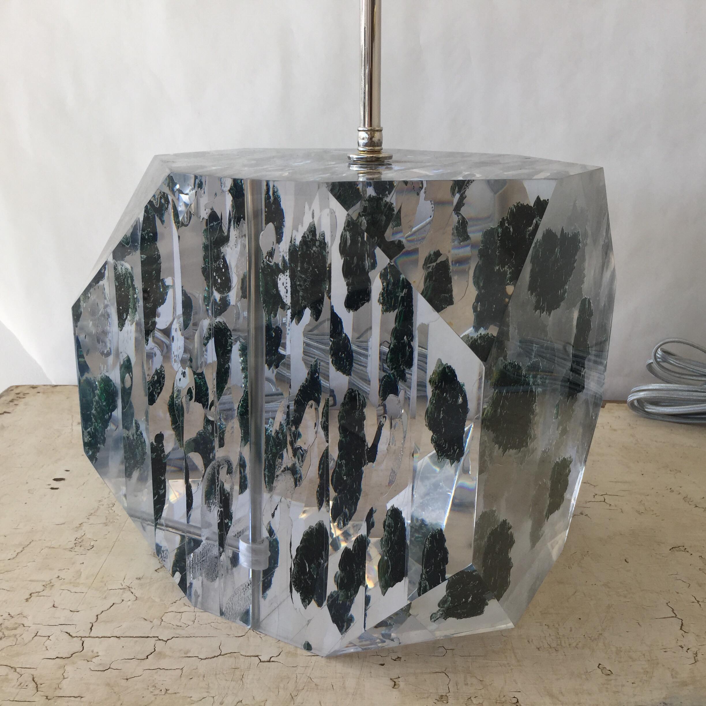 In hues of deep forest green and gold layered within these Lucite sheets, these table lamps are very heavy and quality crafted. Double cluster sockets and nickel pulls, silk wiring. by Freda Koblick.