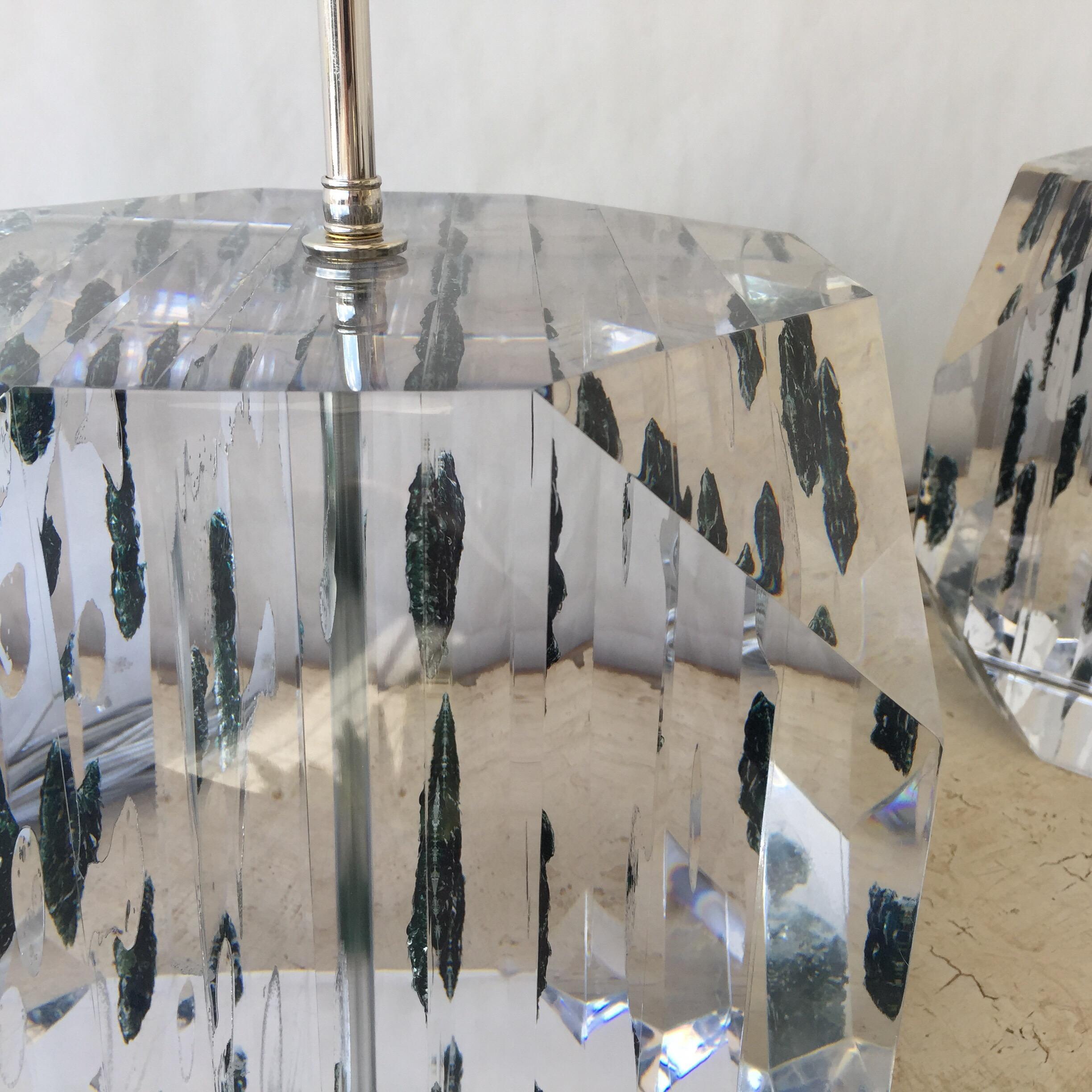 American Lucite Layered Hexagonal Block Lamps, Pair by Freda Koblick