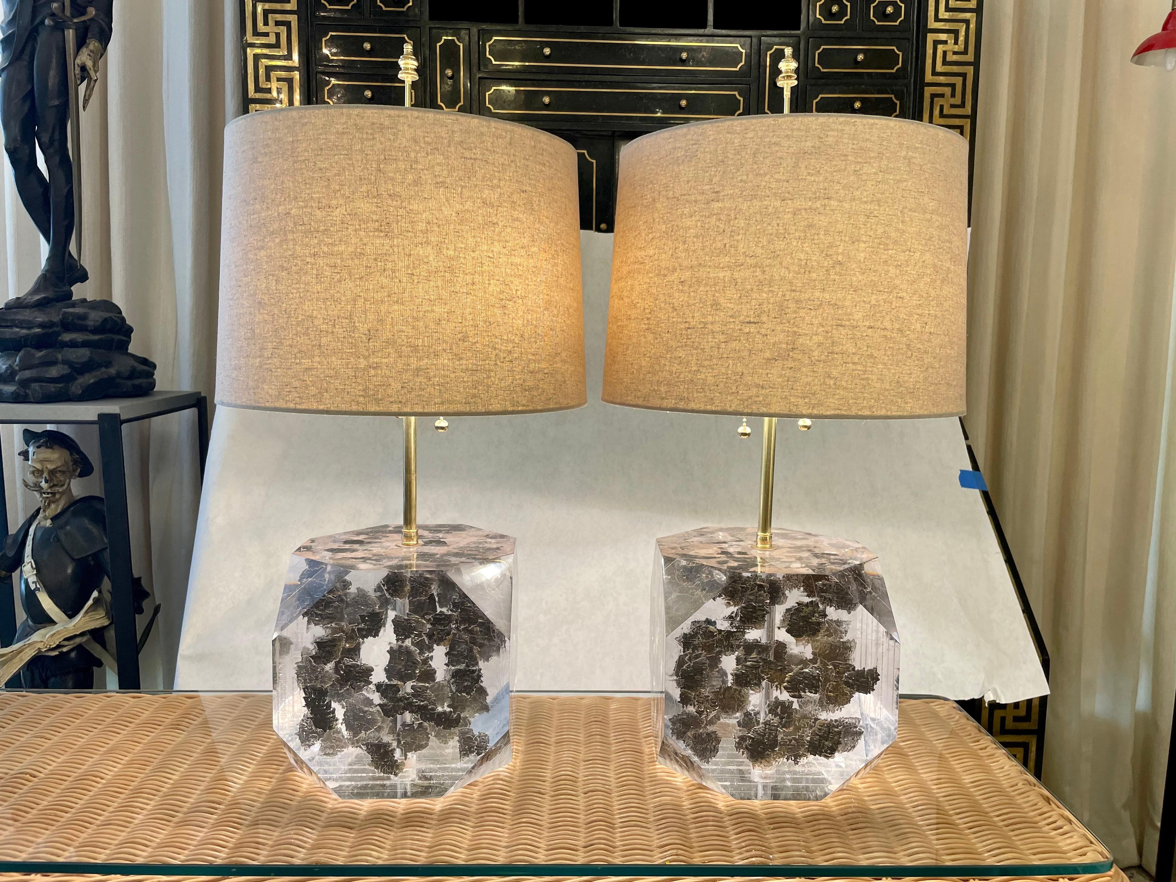 20th Century Lucite Layered Hexagonal Block Lamps, Pair by Freda Koblick For Sale