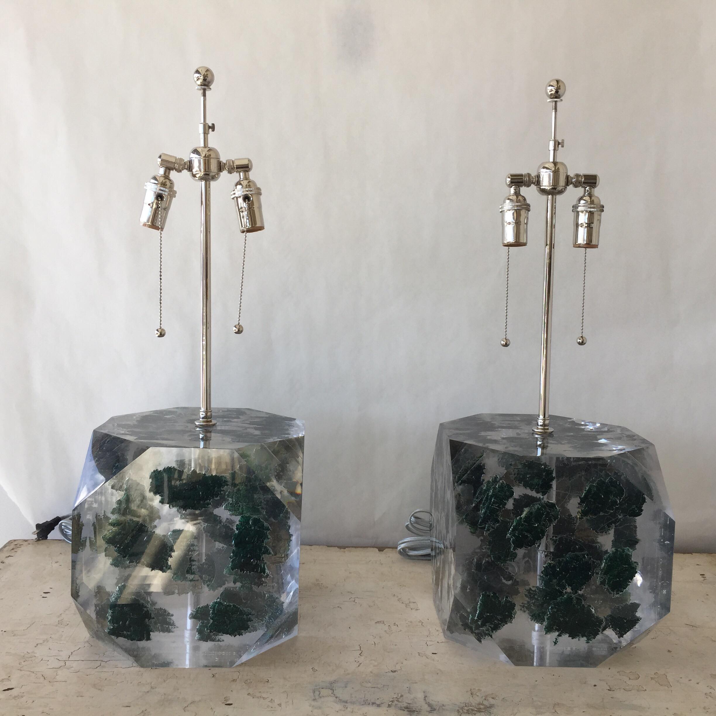 Lucite Layered Hexagonal Block Lamps, Pair by Freda Koblick 1